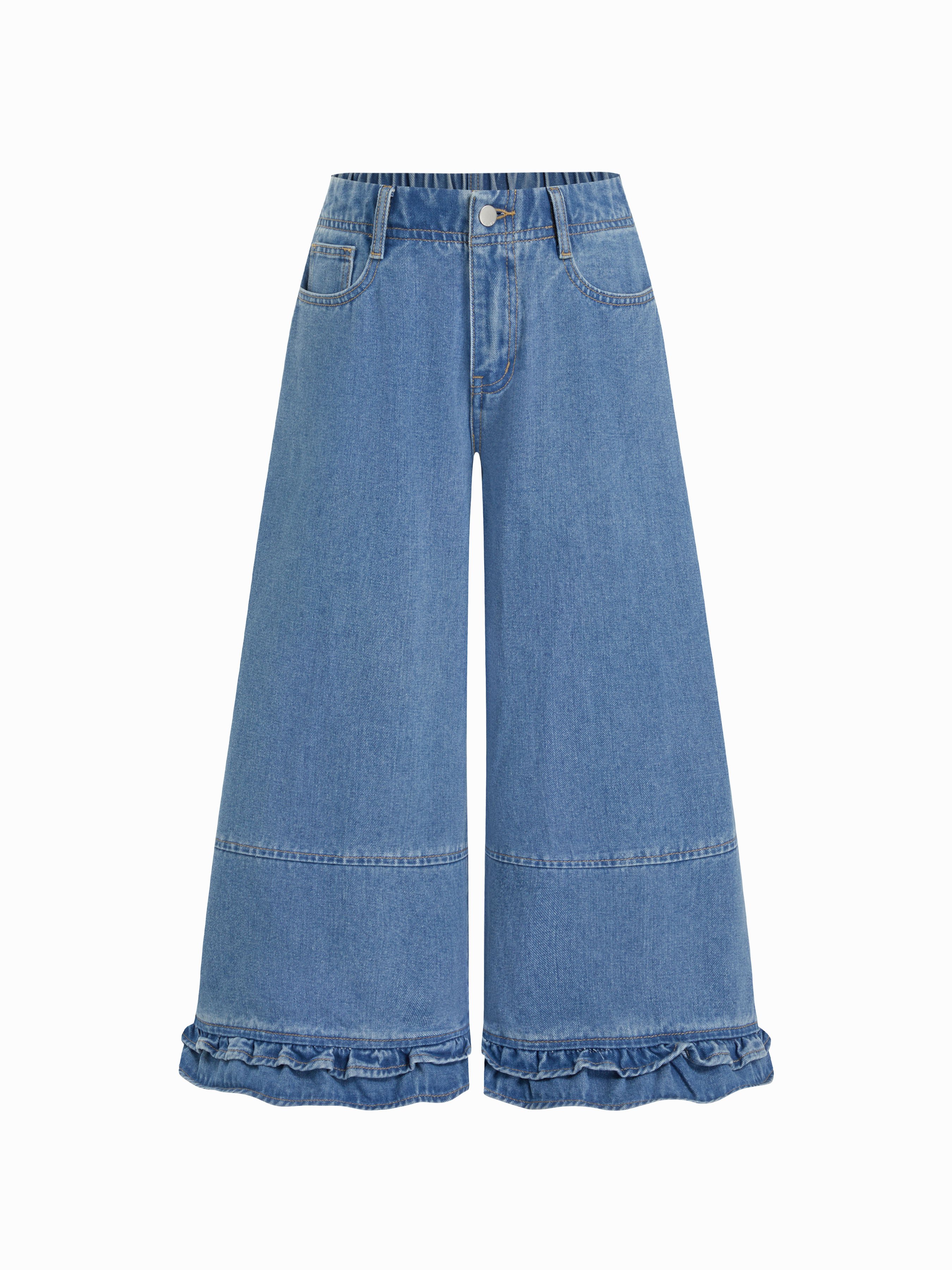 Washed Denim Low Rise Elastic Waist Wide Leg Cropped Bloomer Jeans