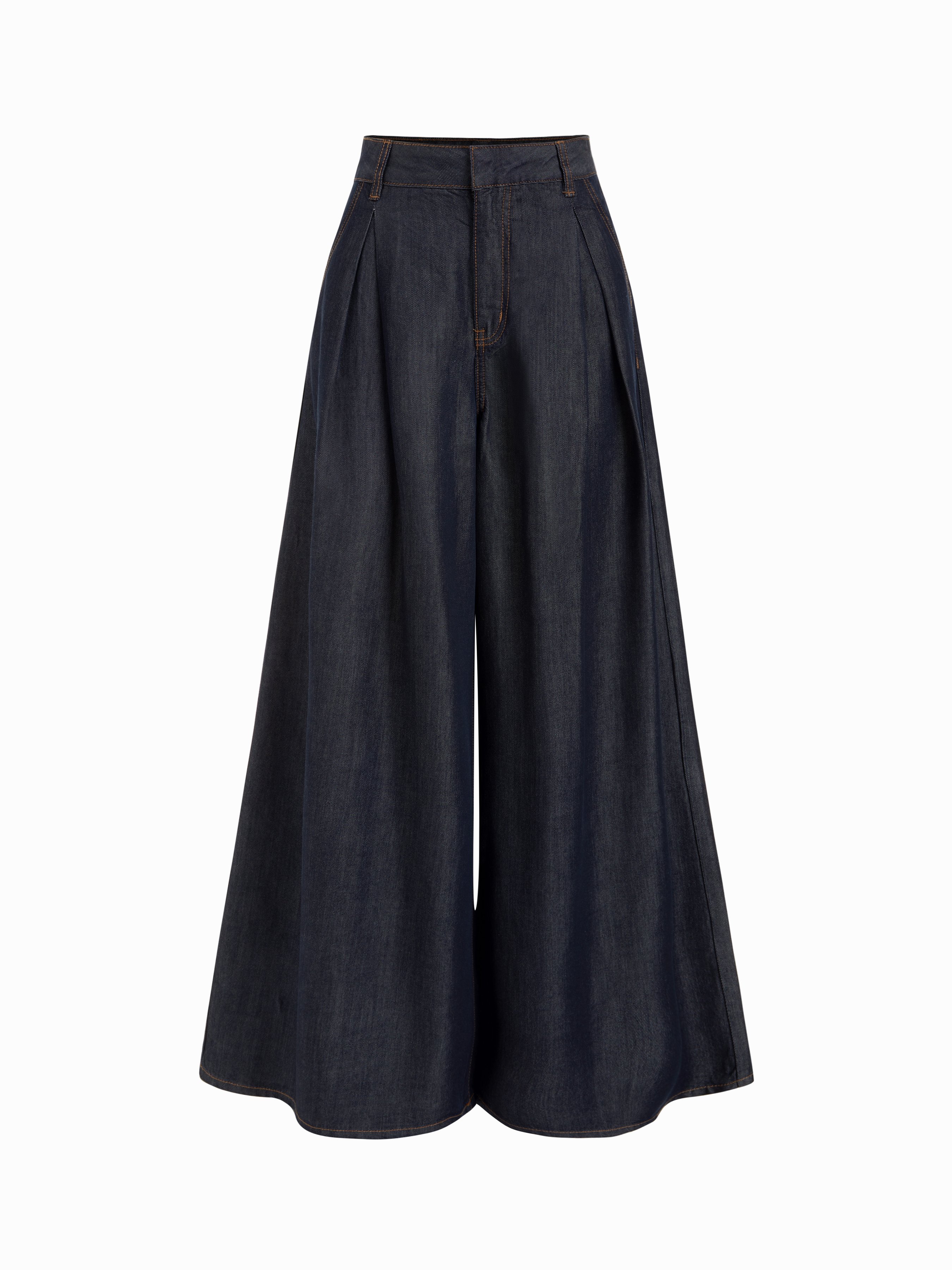 Washed Denim High Rise Draped Wide Leg Jeans