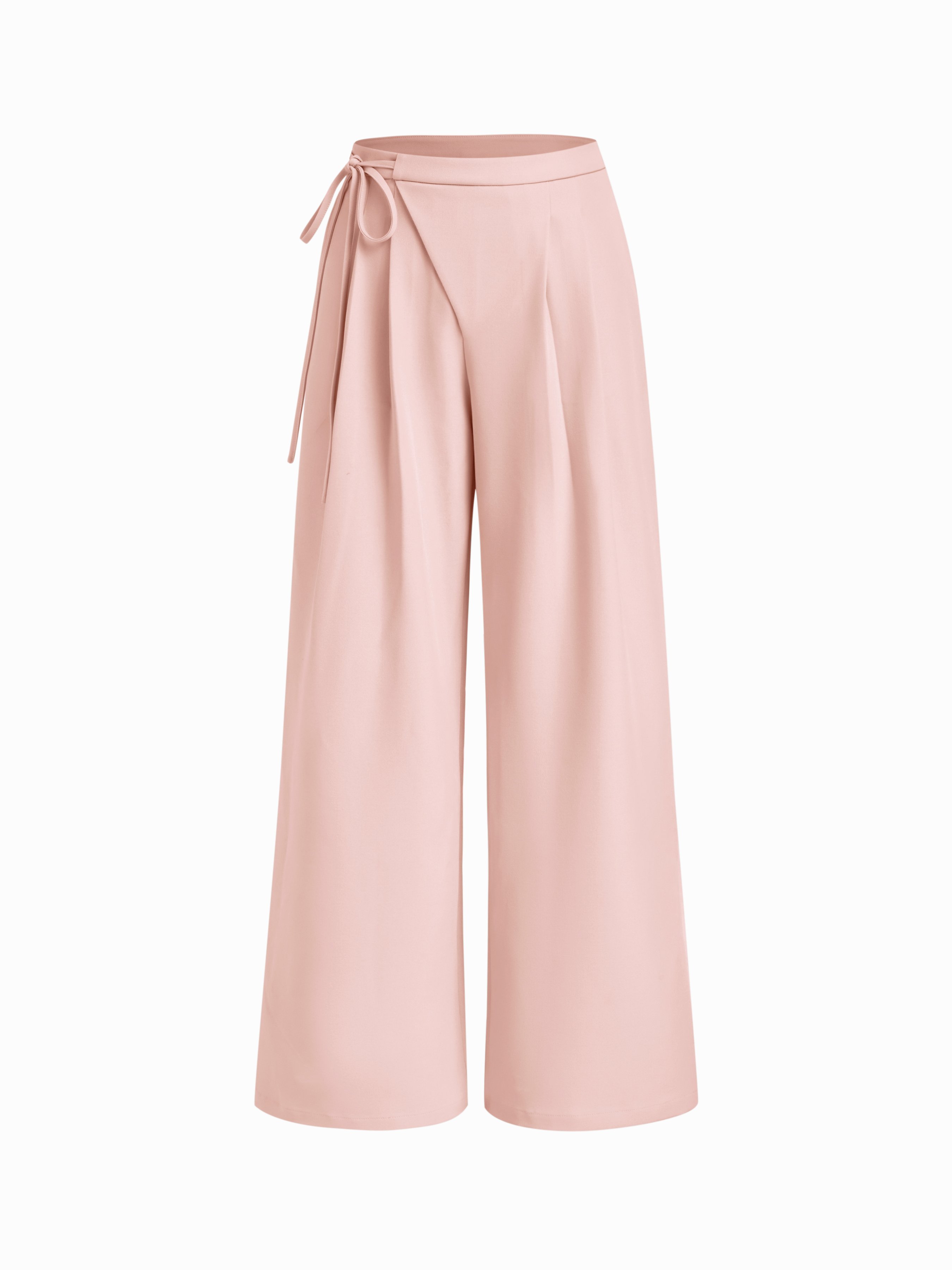 Mid Rise Tie Side Knotted Pleated Wide Leg Trousers - Light pink