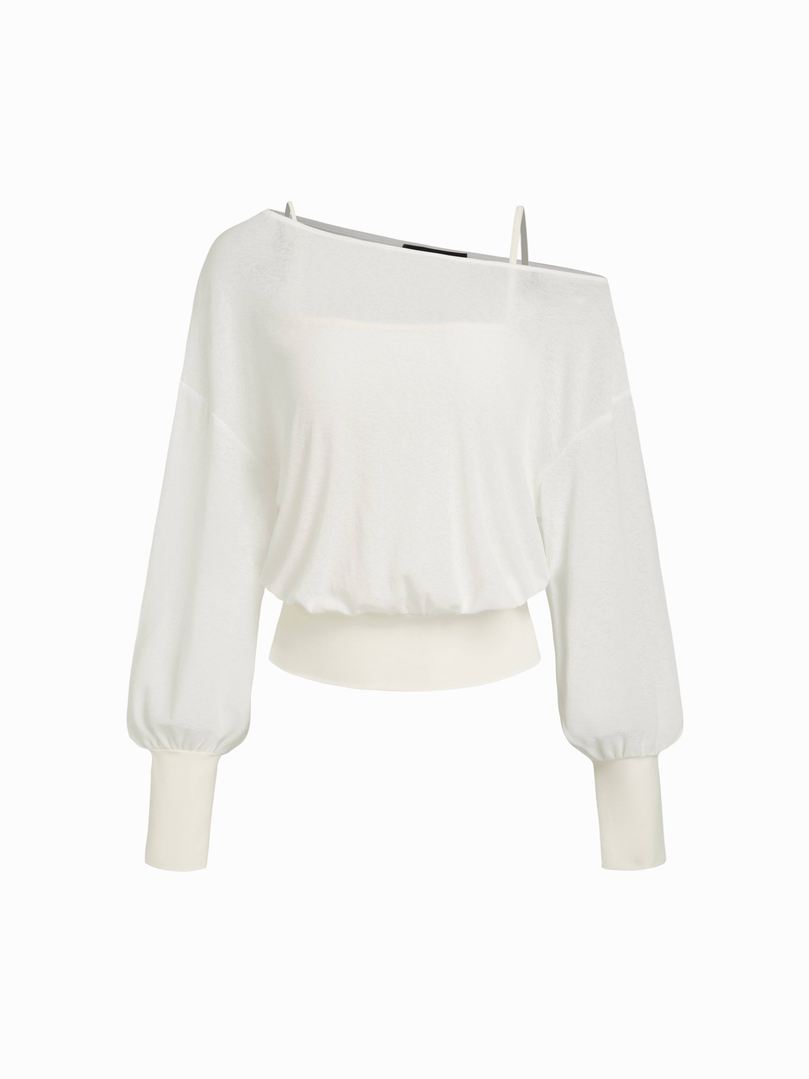 Cotton-blend Textured Asymmetrical Neck Lantern Sleeve Oversized Top & Cami Top - Beige