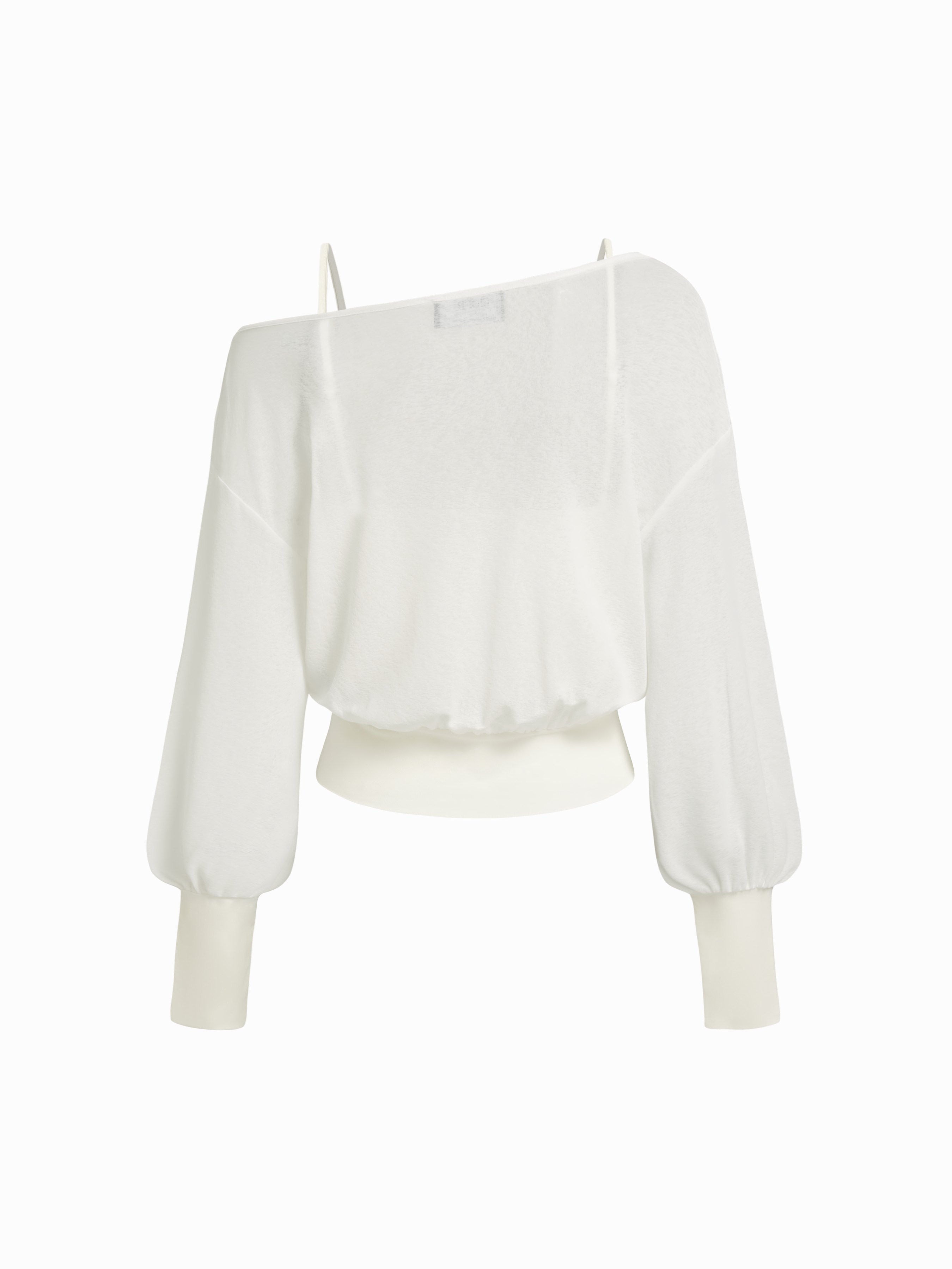 Cotton-blend Textured Asymmetrical Neck Lantern Sleeve Oversized Top & Cami Top - Beige