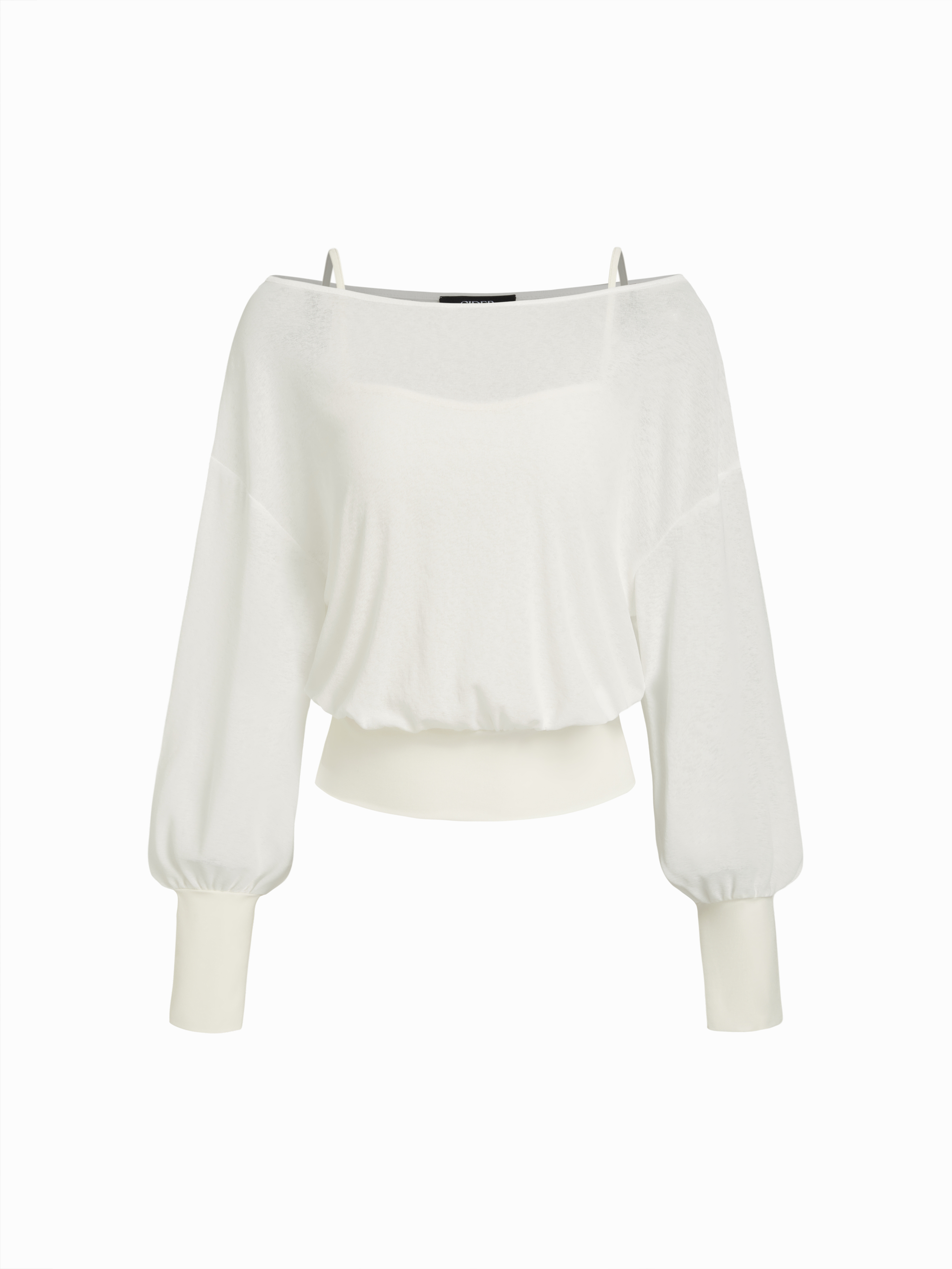 Cotton-blend Textured Asymmetrical Neck Lantern Sleeve Oversized Top & Cami Top - Beige