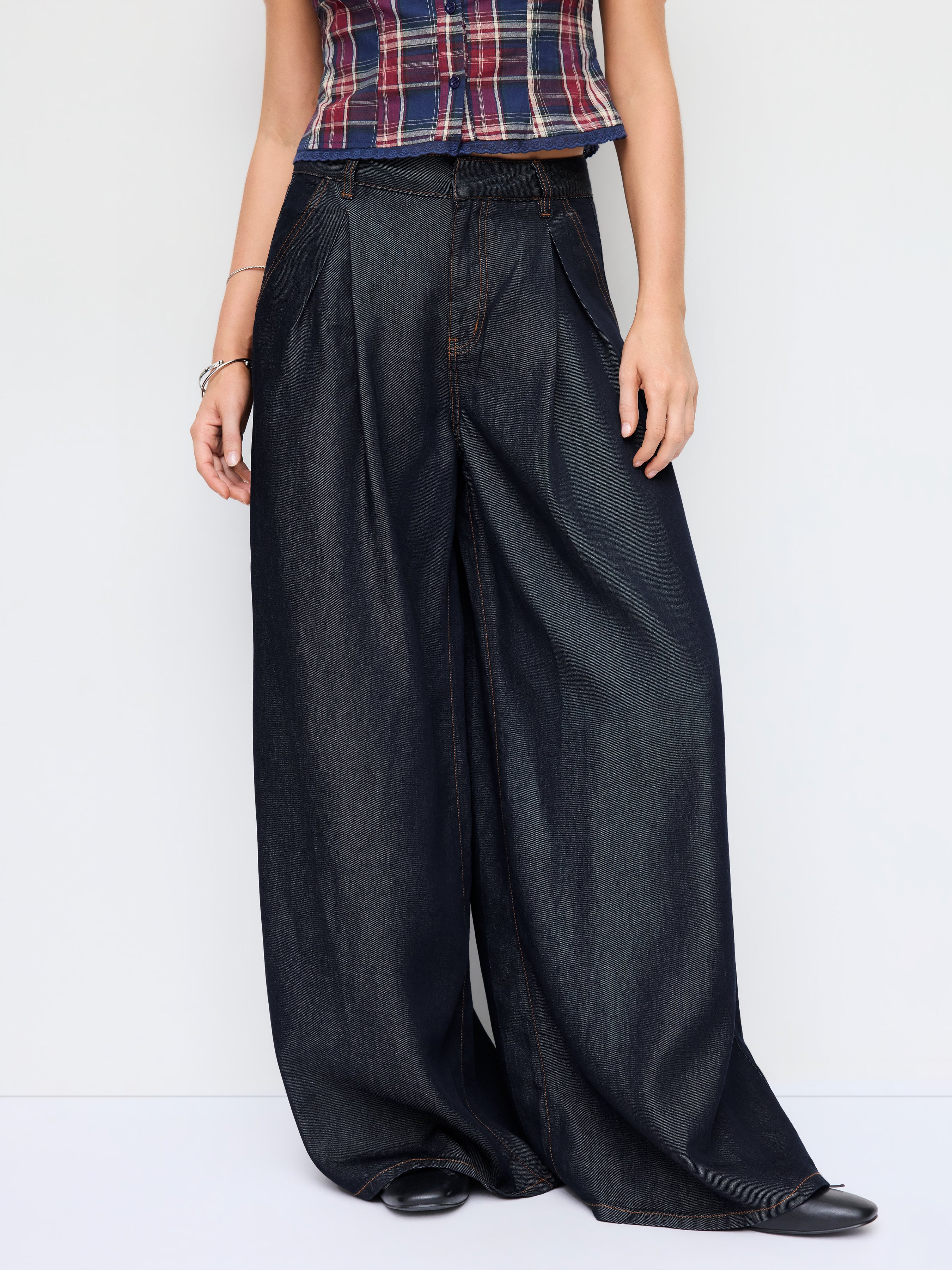 Washed Denim High Rise Draped Wide Leg Jeans
