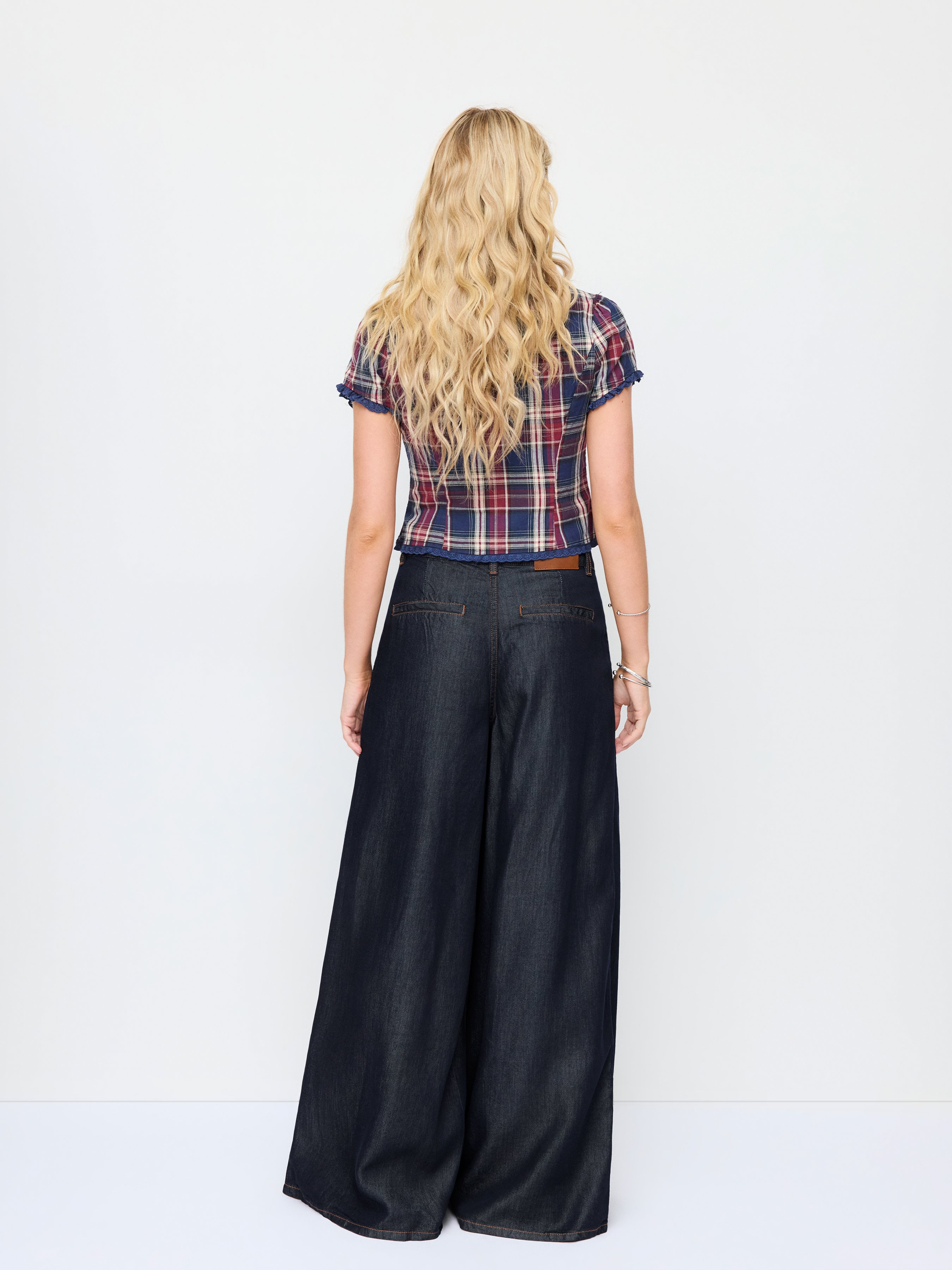 Washed Denim High Rise Draped Wide Leg Jeans