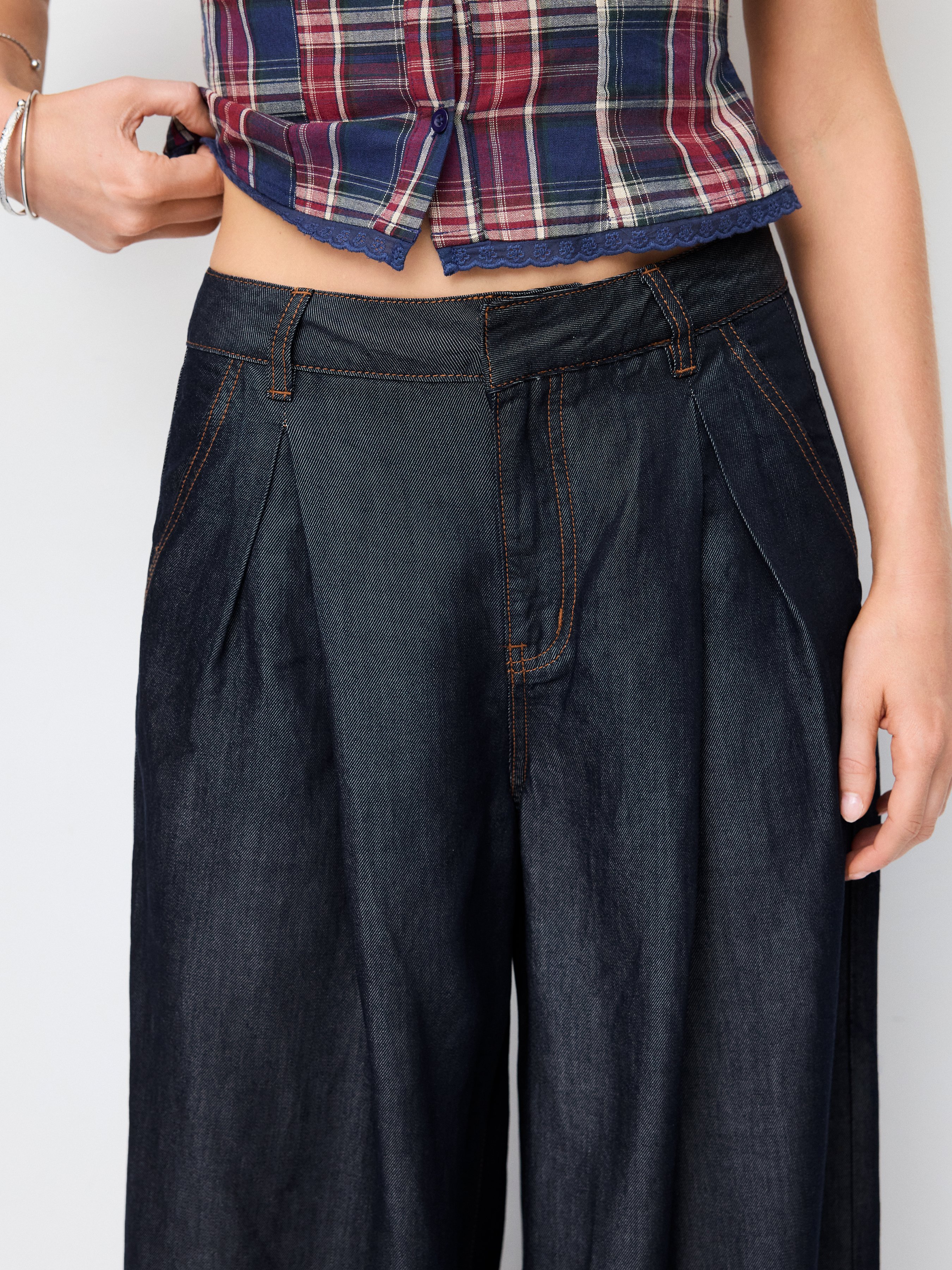 Washed Denim High Rise Draped Wide Leg Jeans