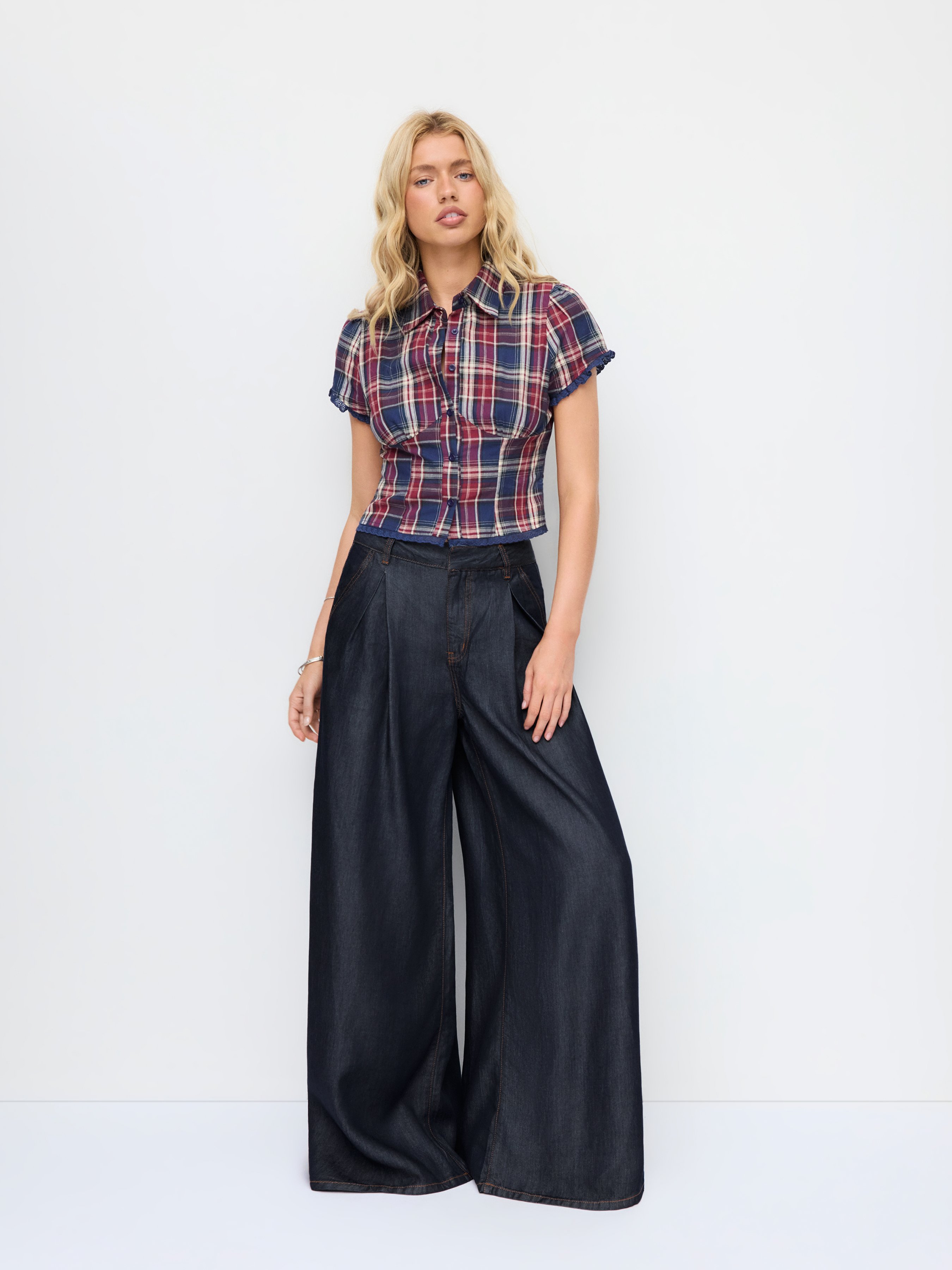 Washed Denim High Rise Draped Wide Leg Jeans