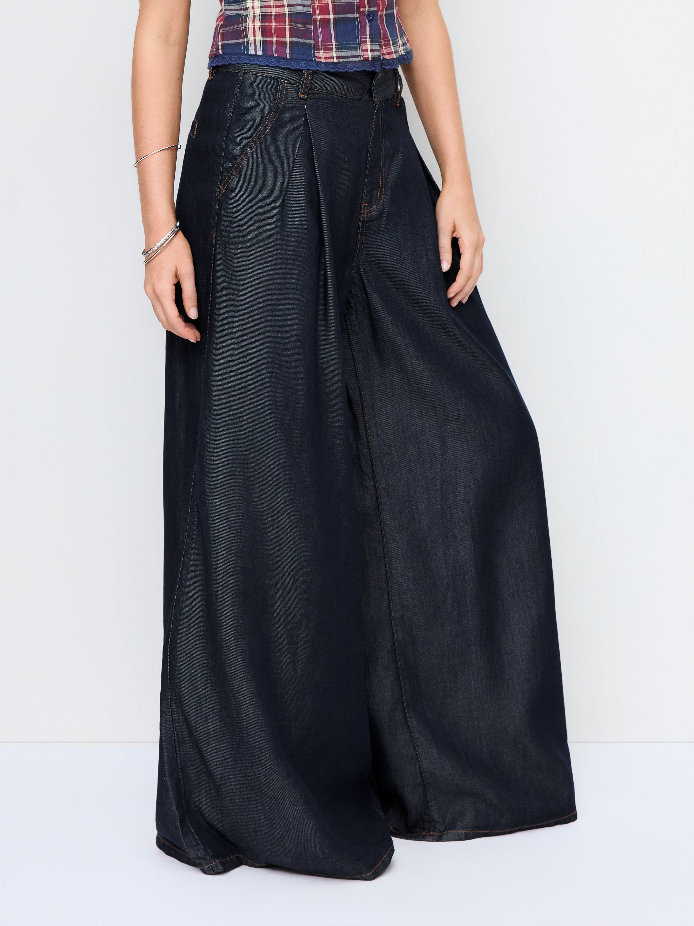 Washed Denim High Rise Draped Wide Leg Jeans