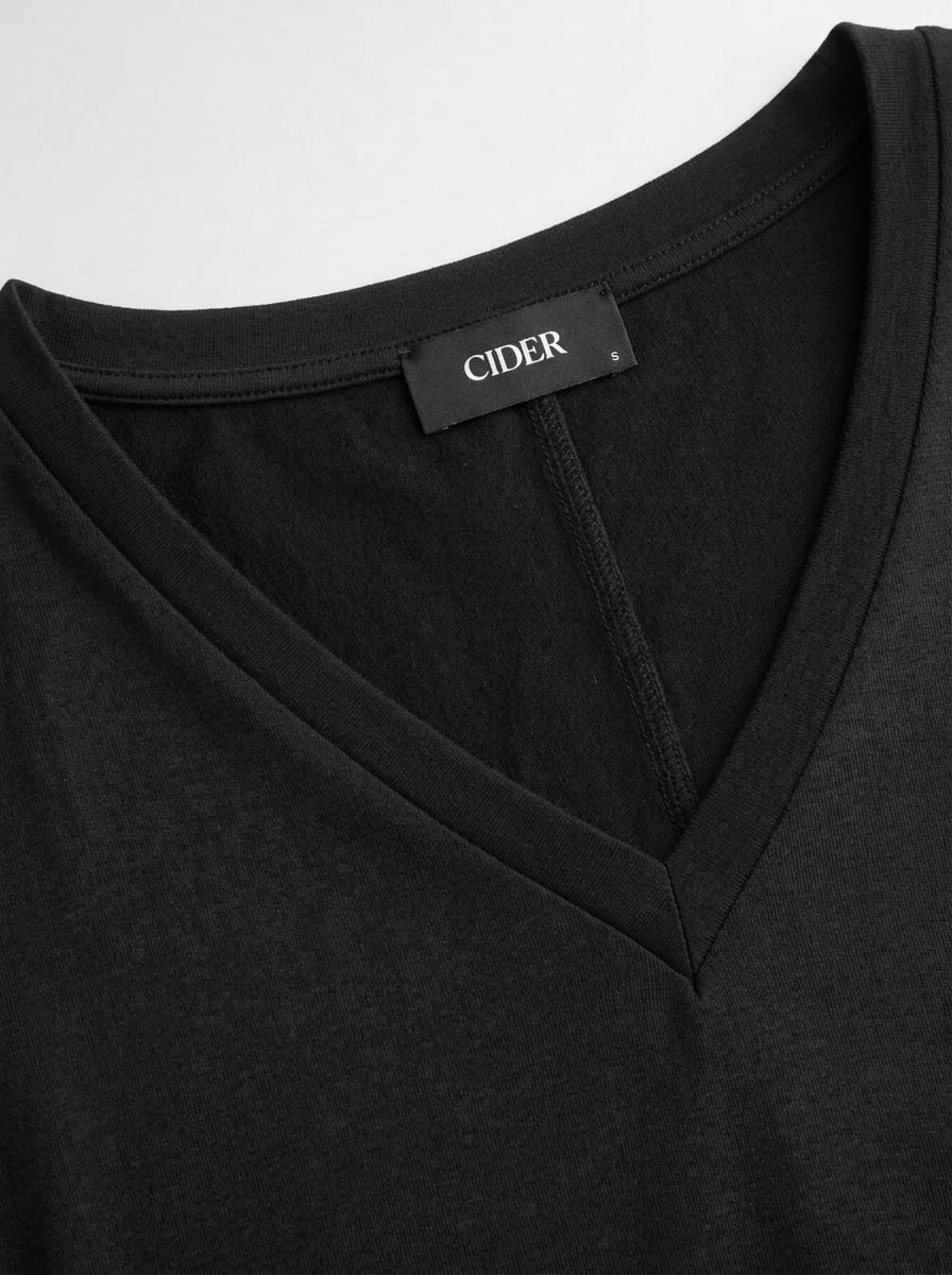 Cotton-blend High Stretch V-neck Short Sleeve Tee - Black