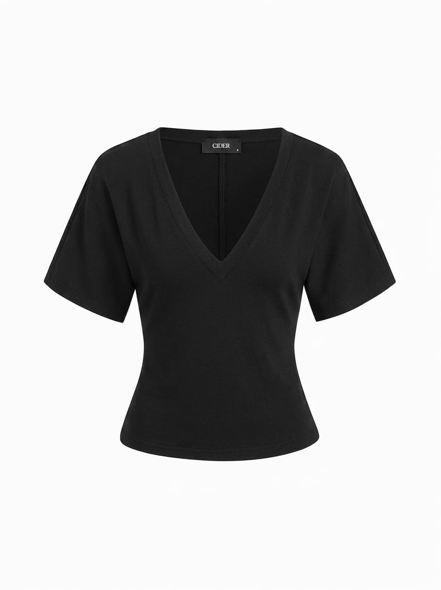 Cotton-blend High Stretch V-neck Short Sleeve Tee - Black