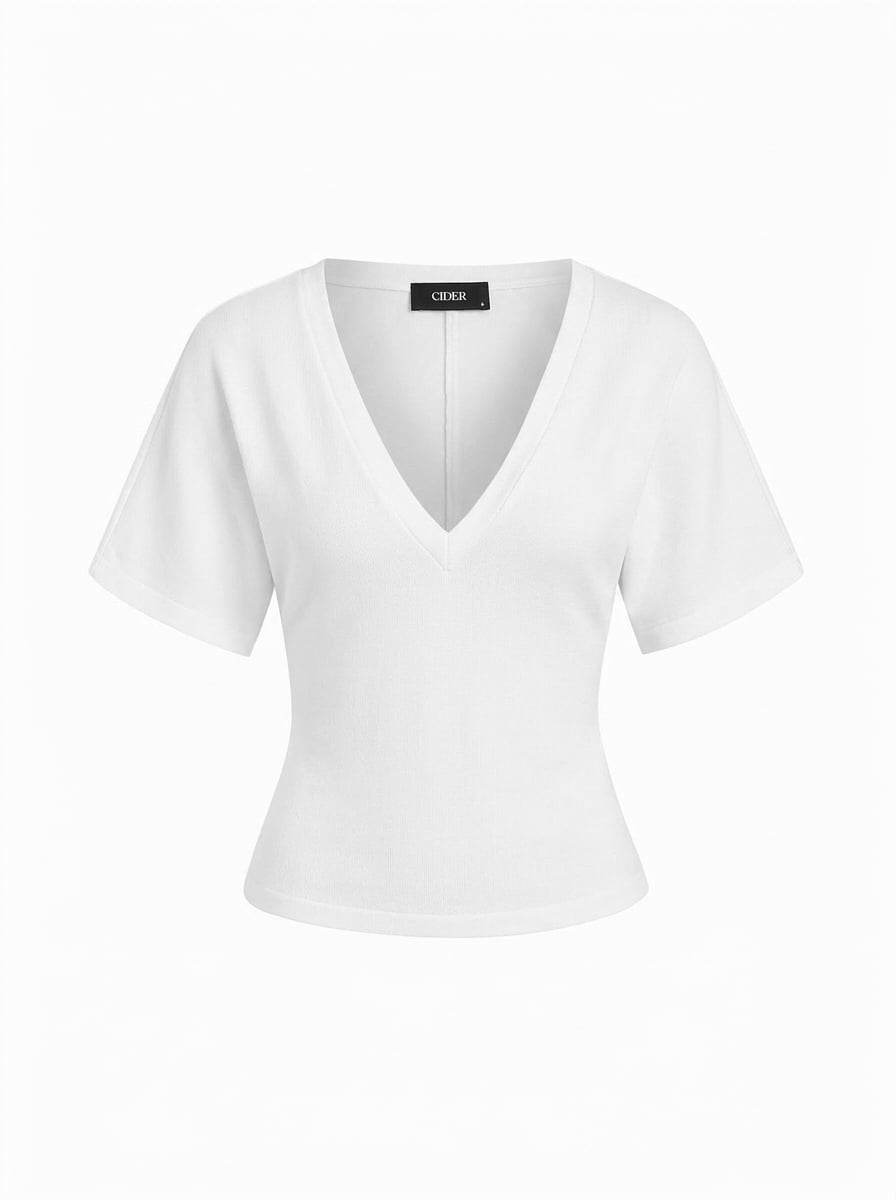 Cotton-blend High Stretch V-neck Short Sleeve Tee - White