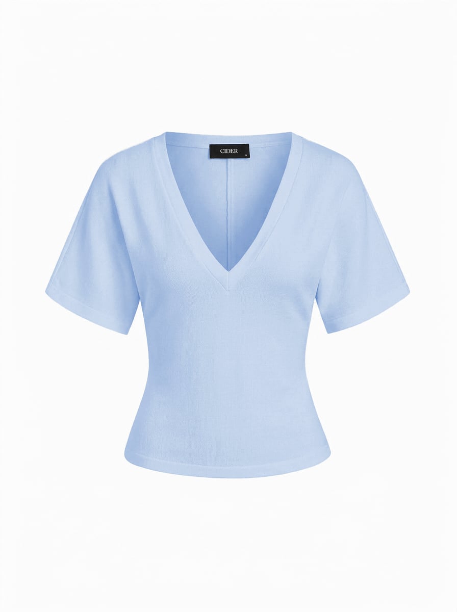 Cotton-blend High Stretch V-neck Short Sleeve Tee - Light Blue