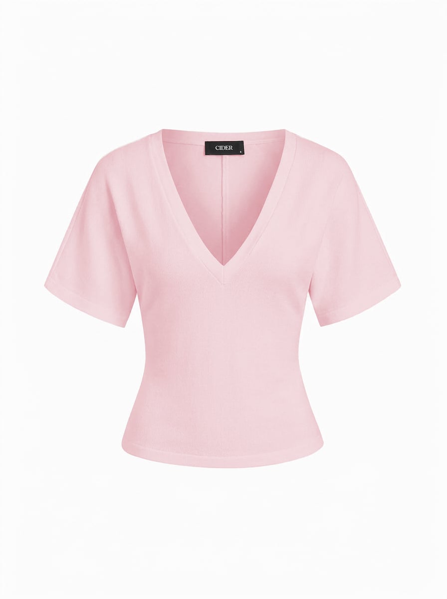 Cotton-blend High Stretch V-neck Short Sleeve Tee - Light pink