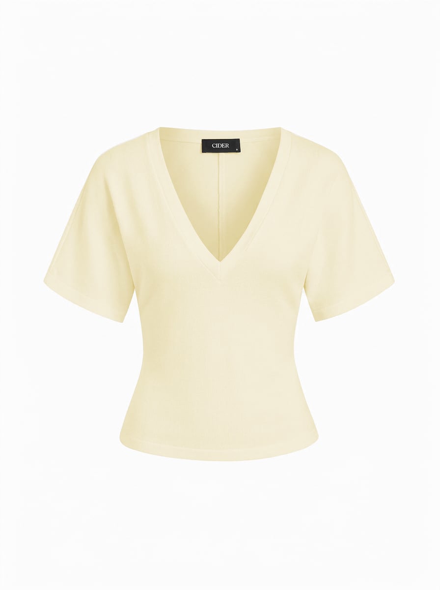 Cotton-blend High Stretch V-neck Short Sleeve Tee - Light Yellow