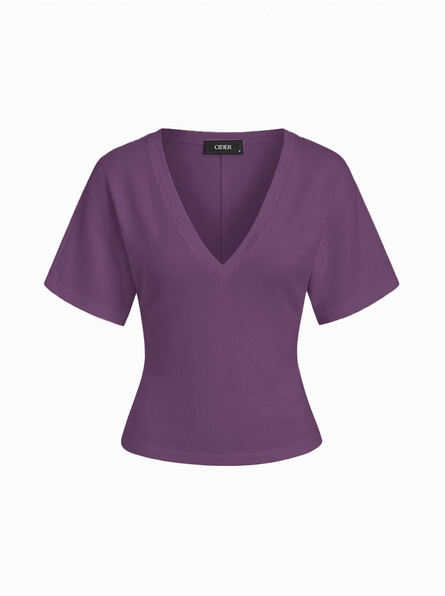 Cotton-blend High Stretch V-neck Short Sleeve Tee - Purple Fig