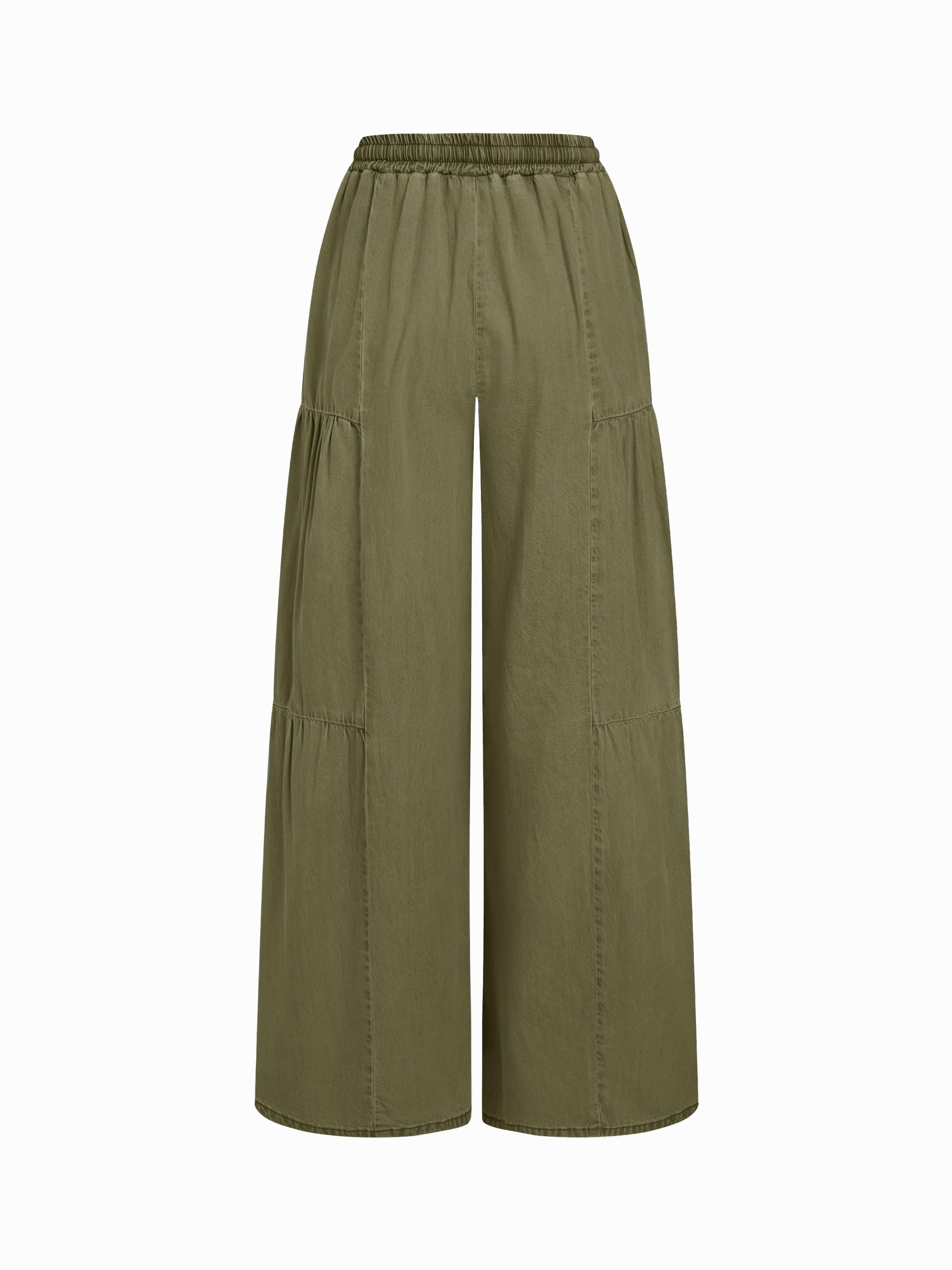 Denim Mid Rise Drawstring Ruched Wide Leg Jeans - Olive Green