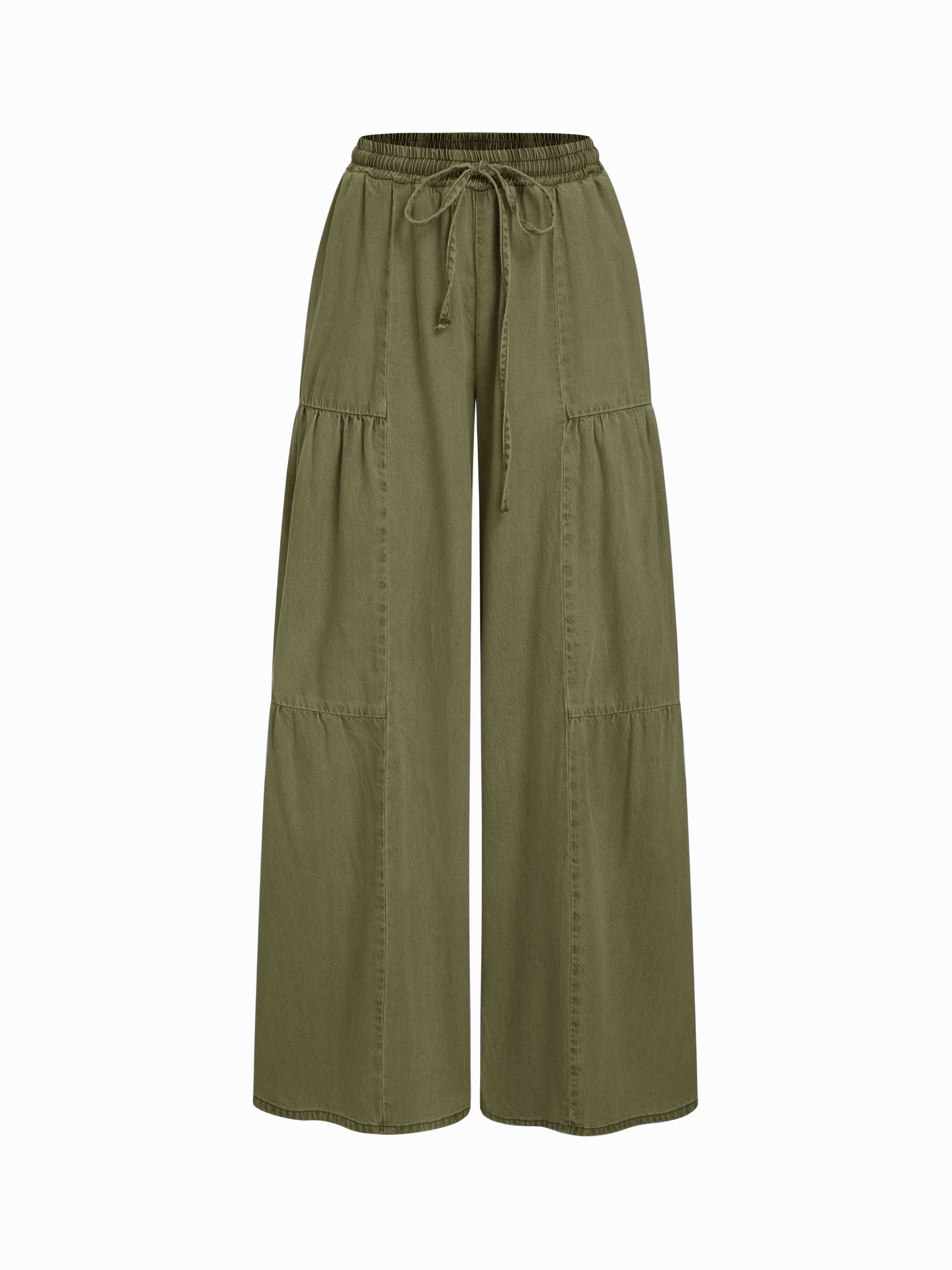 Denim Mid Rise Drawstring Ruched Wide Leg Jeans - Olive Green