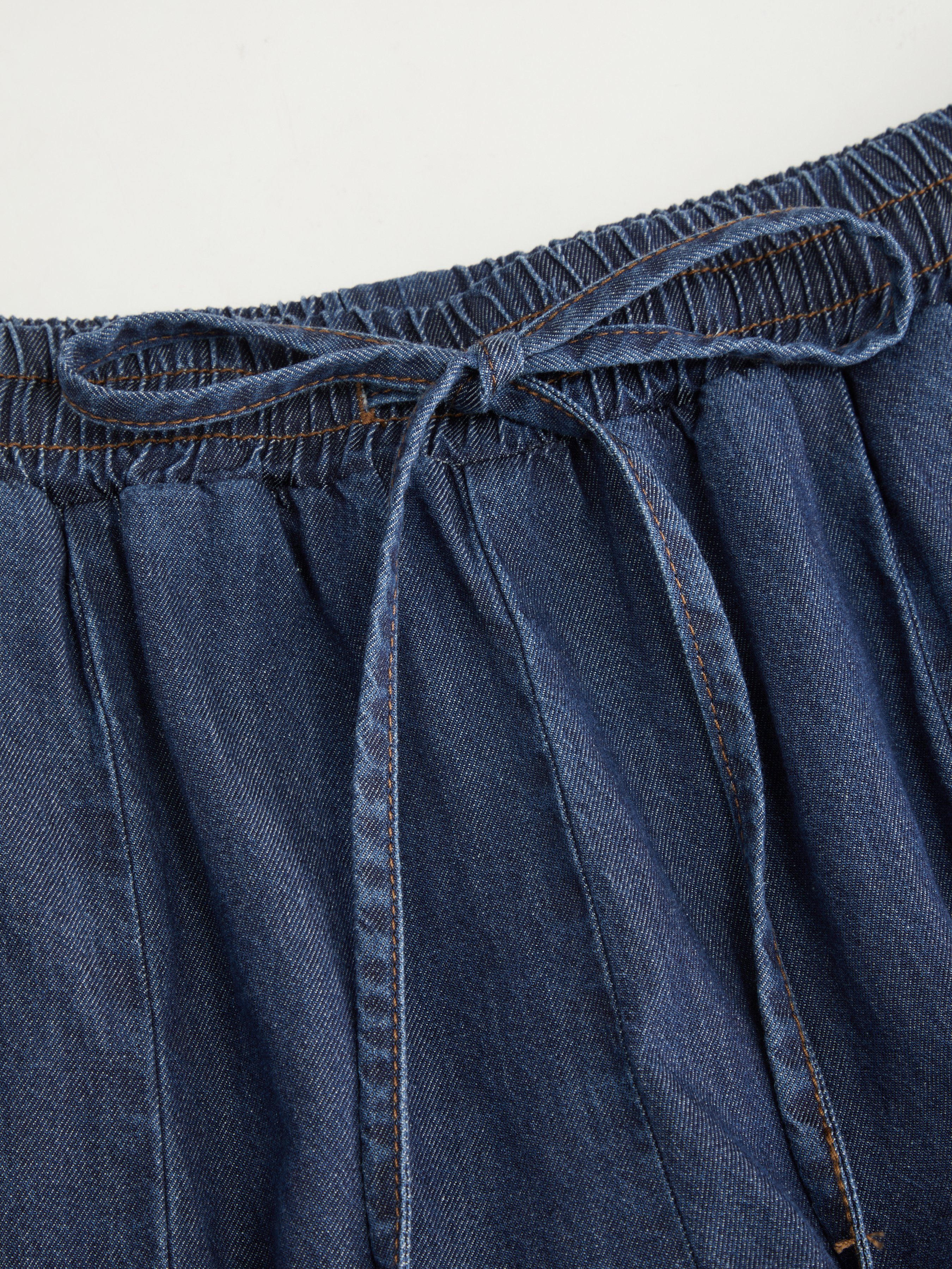 Denim Mid Rise Drawstring Ruched Wide Leg Jeans - Dark denim