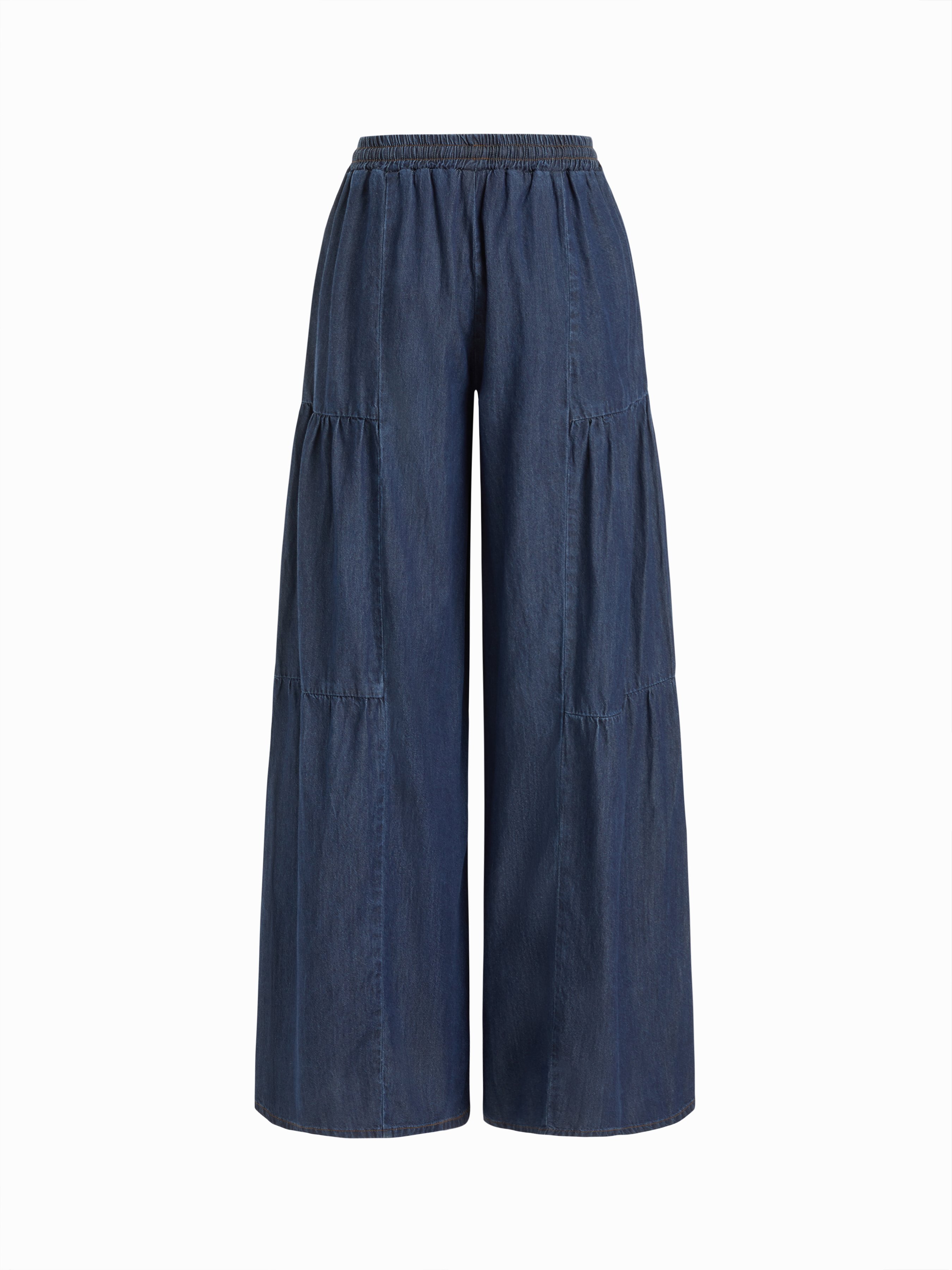 Denim Mid Rise Drawstring Ruched Wide Leg Jeans - Dark denim