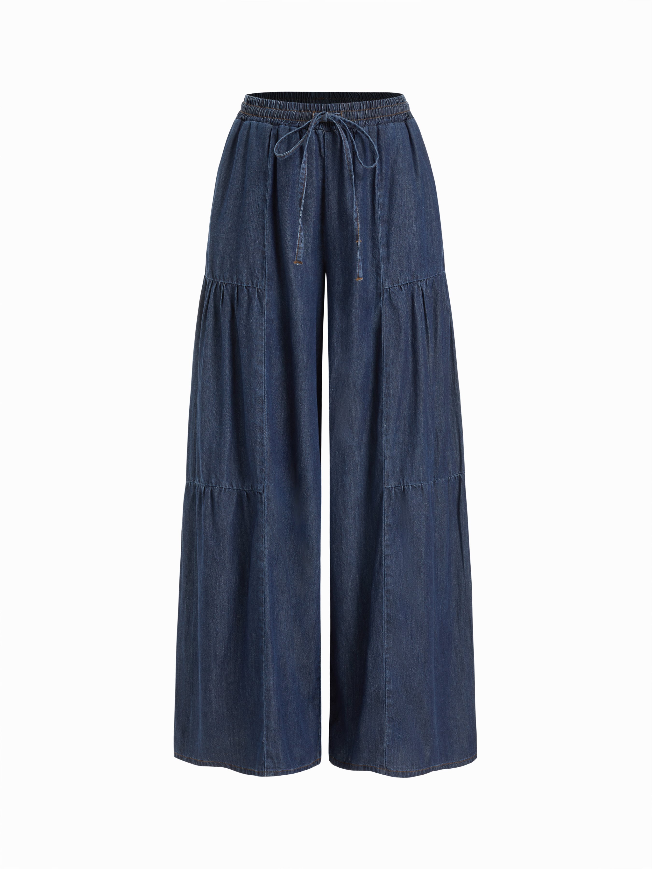 Denim Mid Rise Drawstring Ruched Wide Leg Jeans - Dark denim
