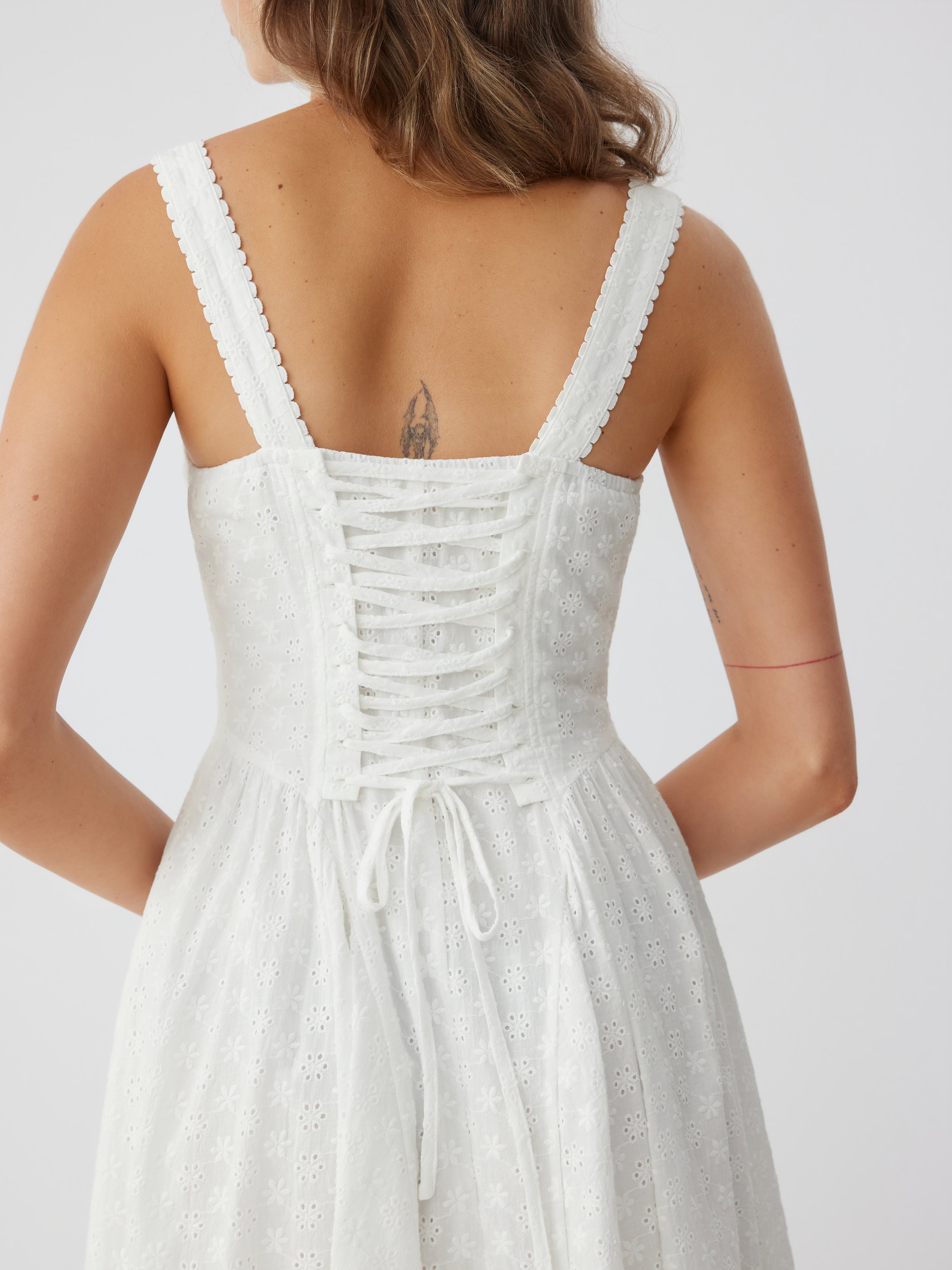 Cotton-blend Sculptural U-neckline Ruffled Lace Up Flared Maxi Dress - Ivory
