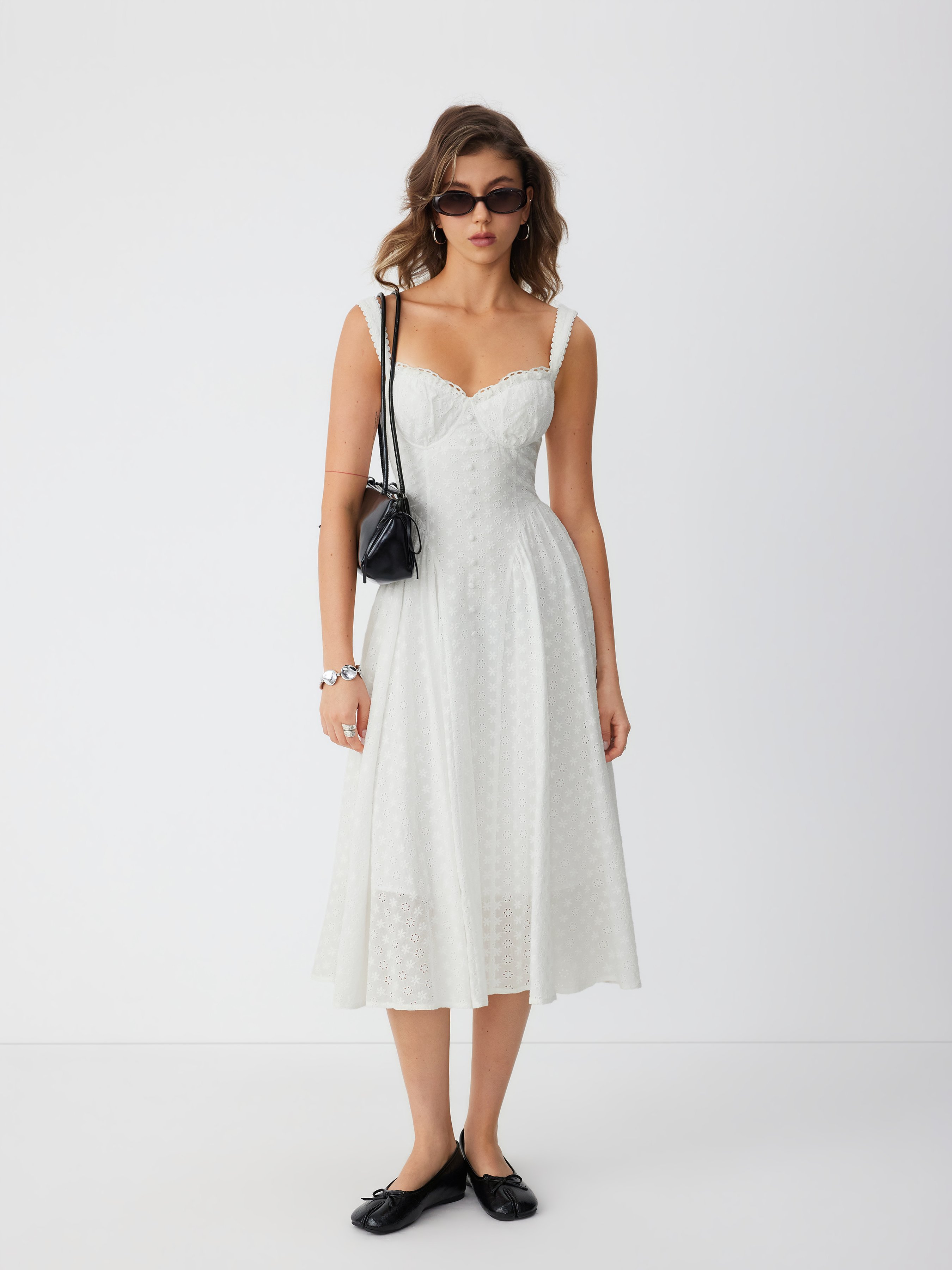 Cotton-blend Sculptural U-neckline Ruffled Lace Up Flared Maxi Dress - Ivory