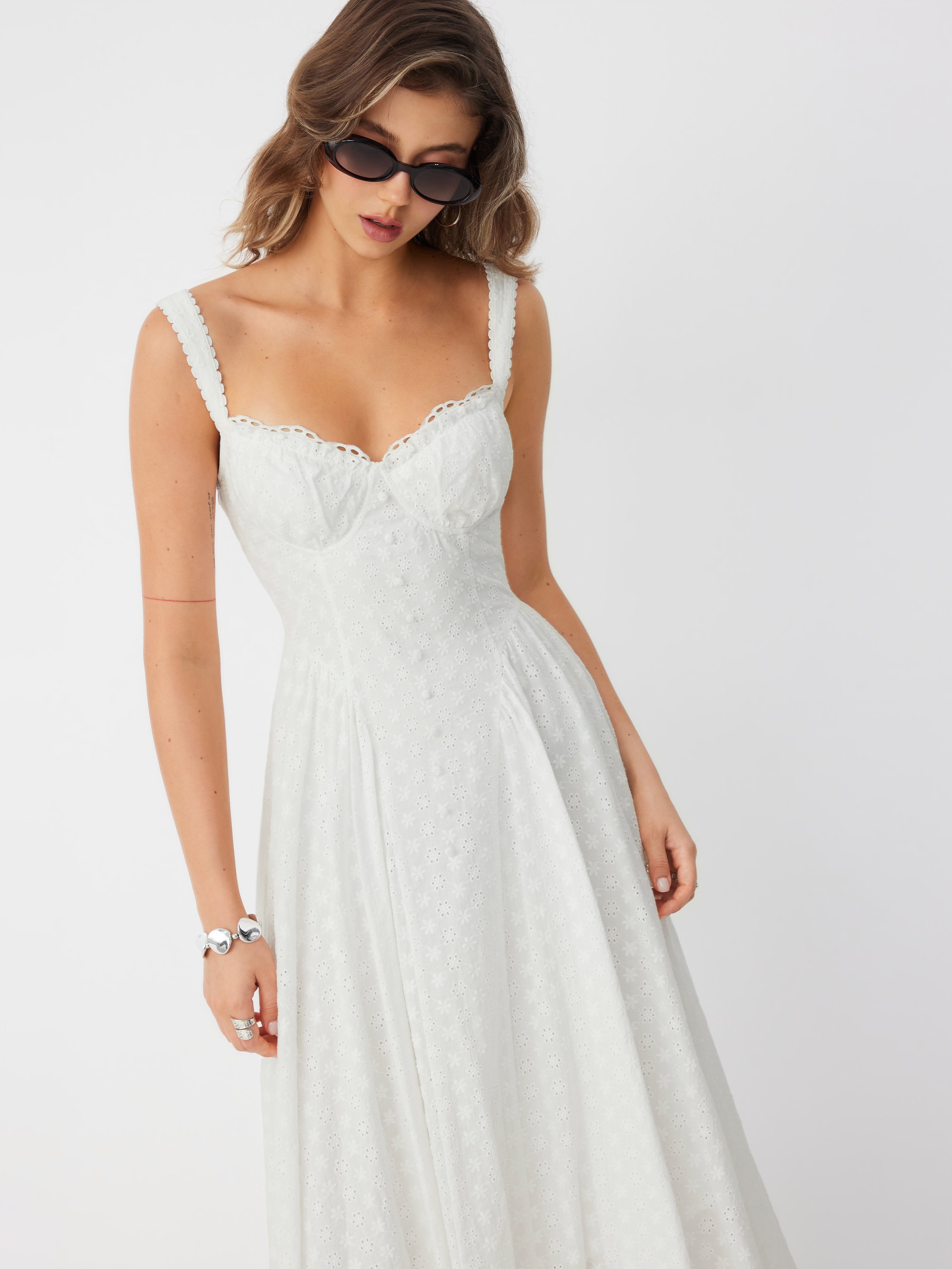 Cotton-blend Sculptural U-neckline Ruffled Lace Up Flared Maxi Dress - Ivory