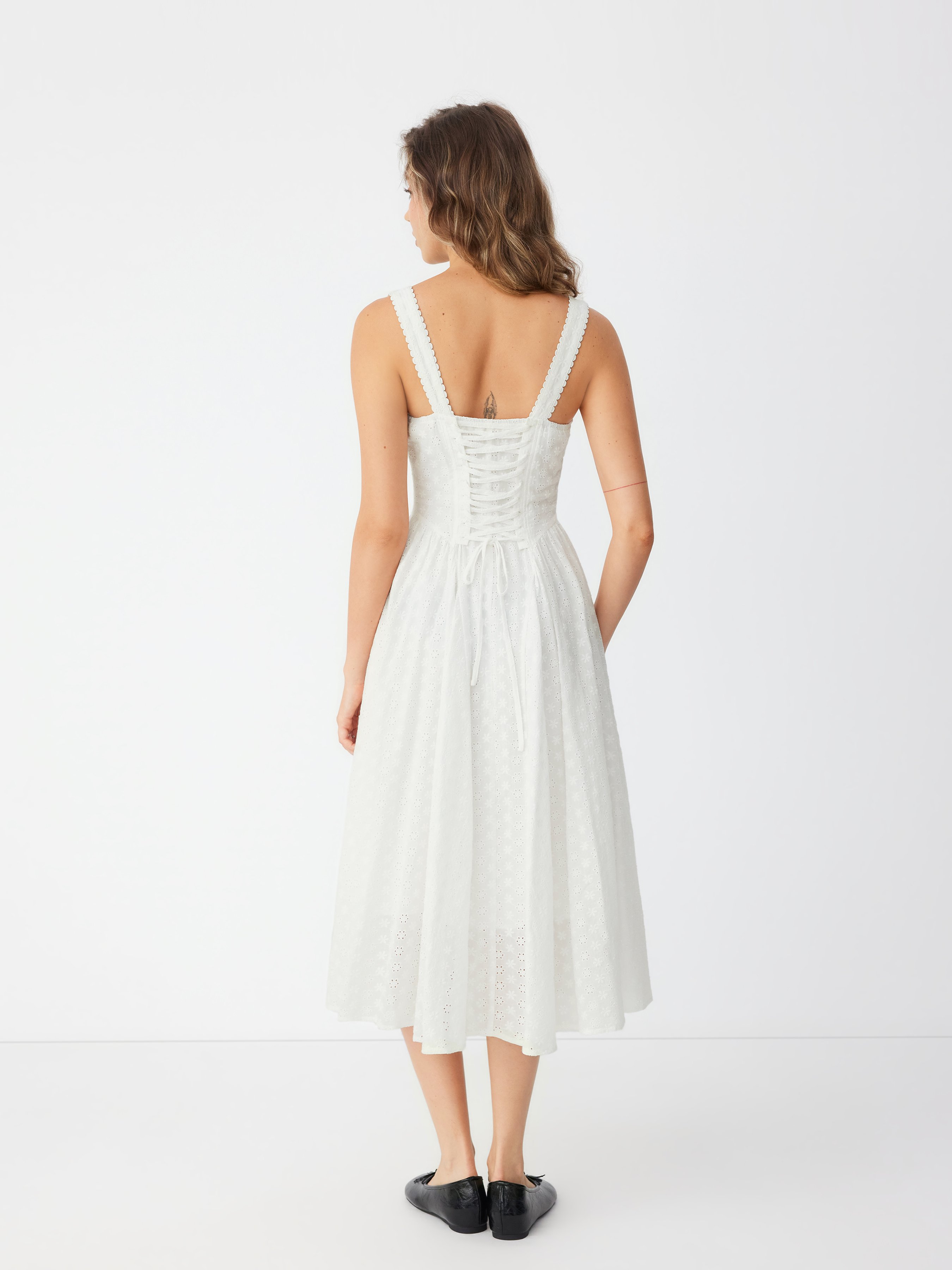 Cotton-blend Sculptural U-neckline Ruffled Lace Up Flared Maxi Dress - Ivory