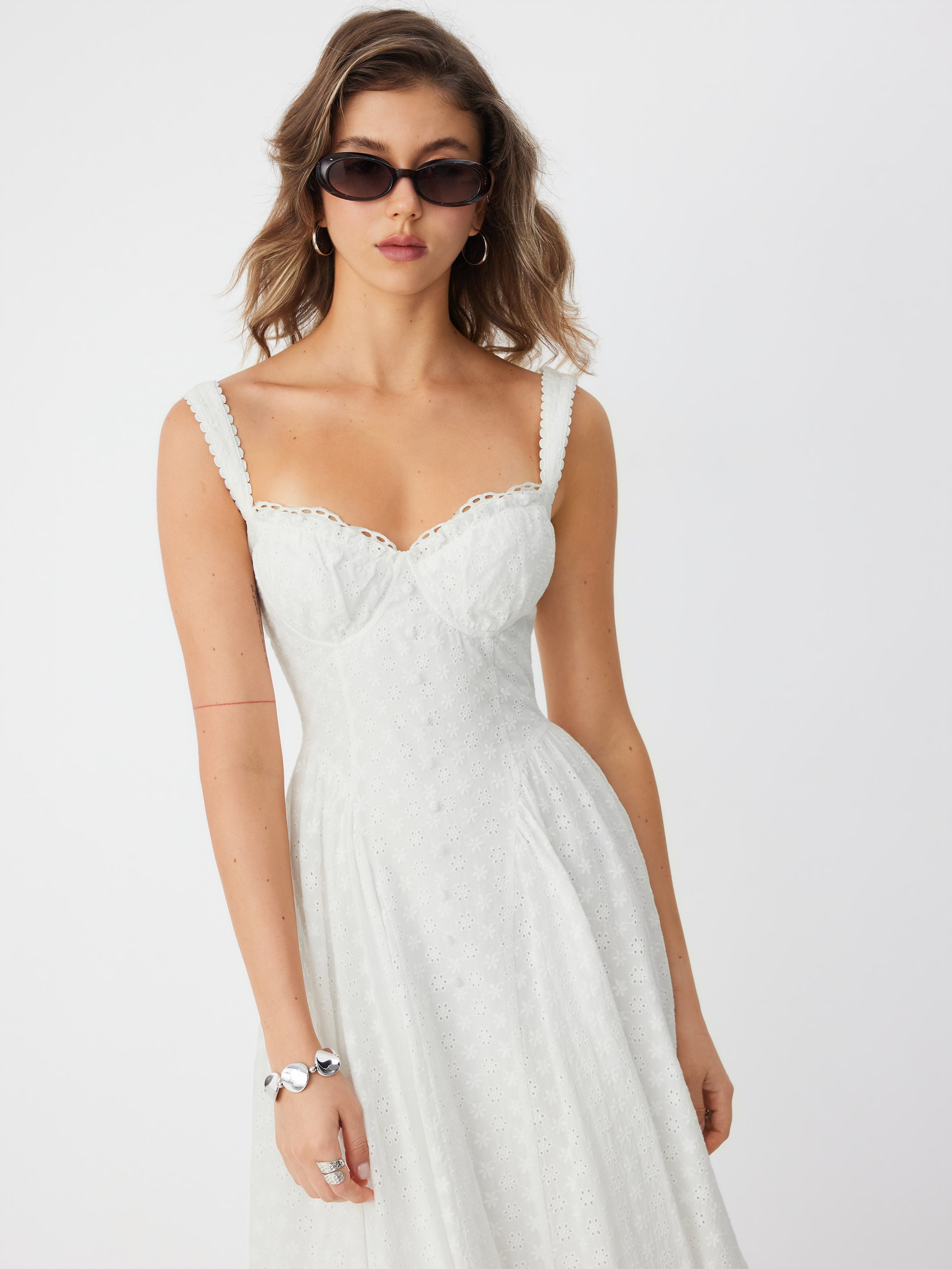 Cotton-blend Sculptural U-neckline Ruffled Lace Up Flared Maxi Dress - Ivory