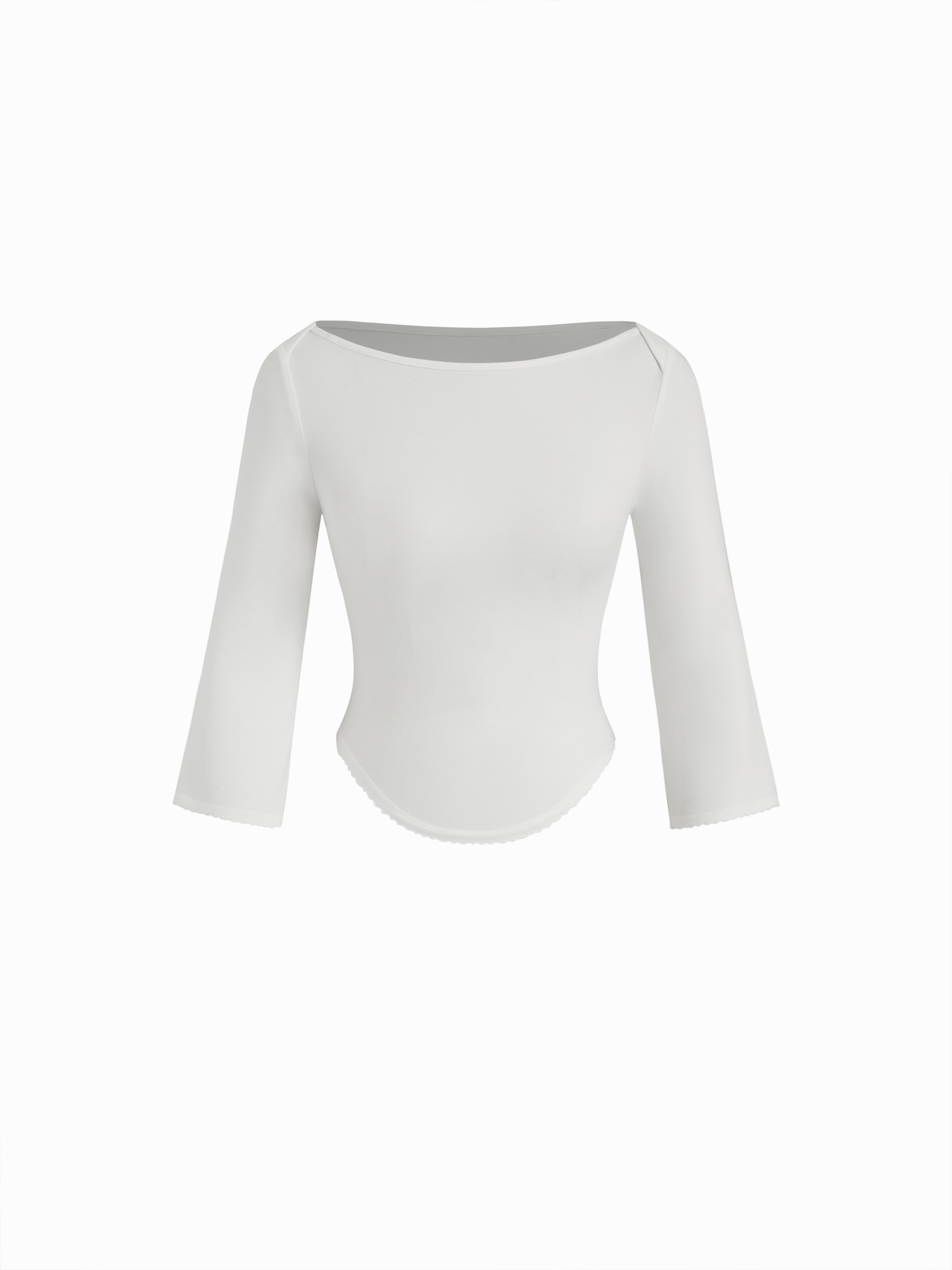 Knit Fabric Boat Neck Curved-Hem 3/4 Long Sleeve Tee - White