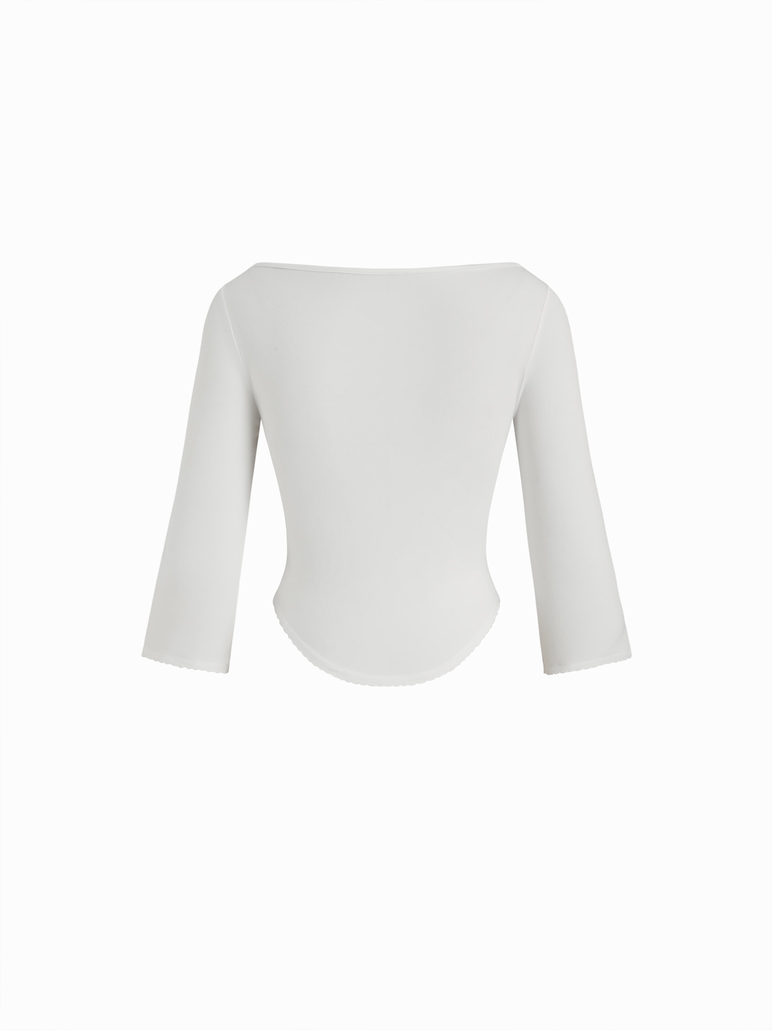 Knit Fabric Boat Neck Curved-Hem 3/4 Long Sleeve Tee - White