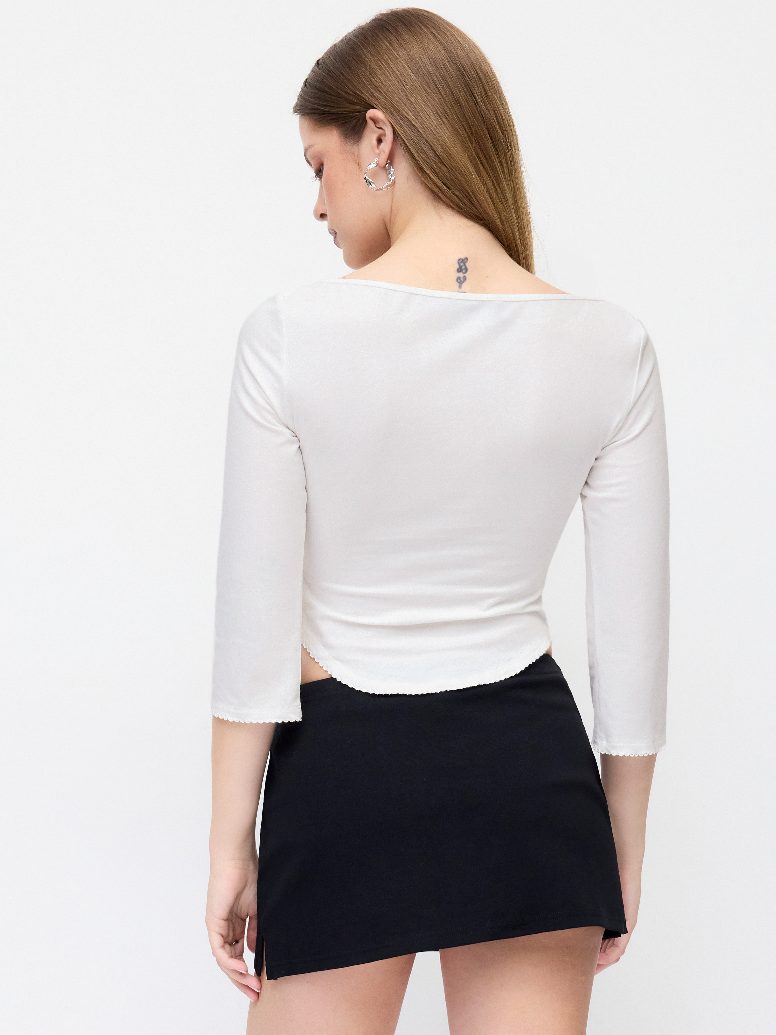 Knit Fabric Boat Neck Curved-Hem 3/4 Long Sleeve Tee - White