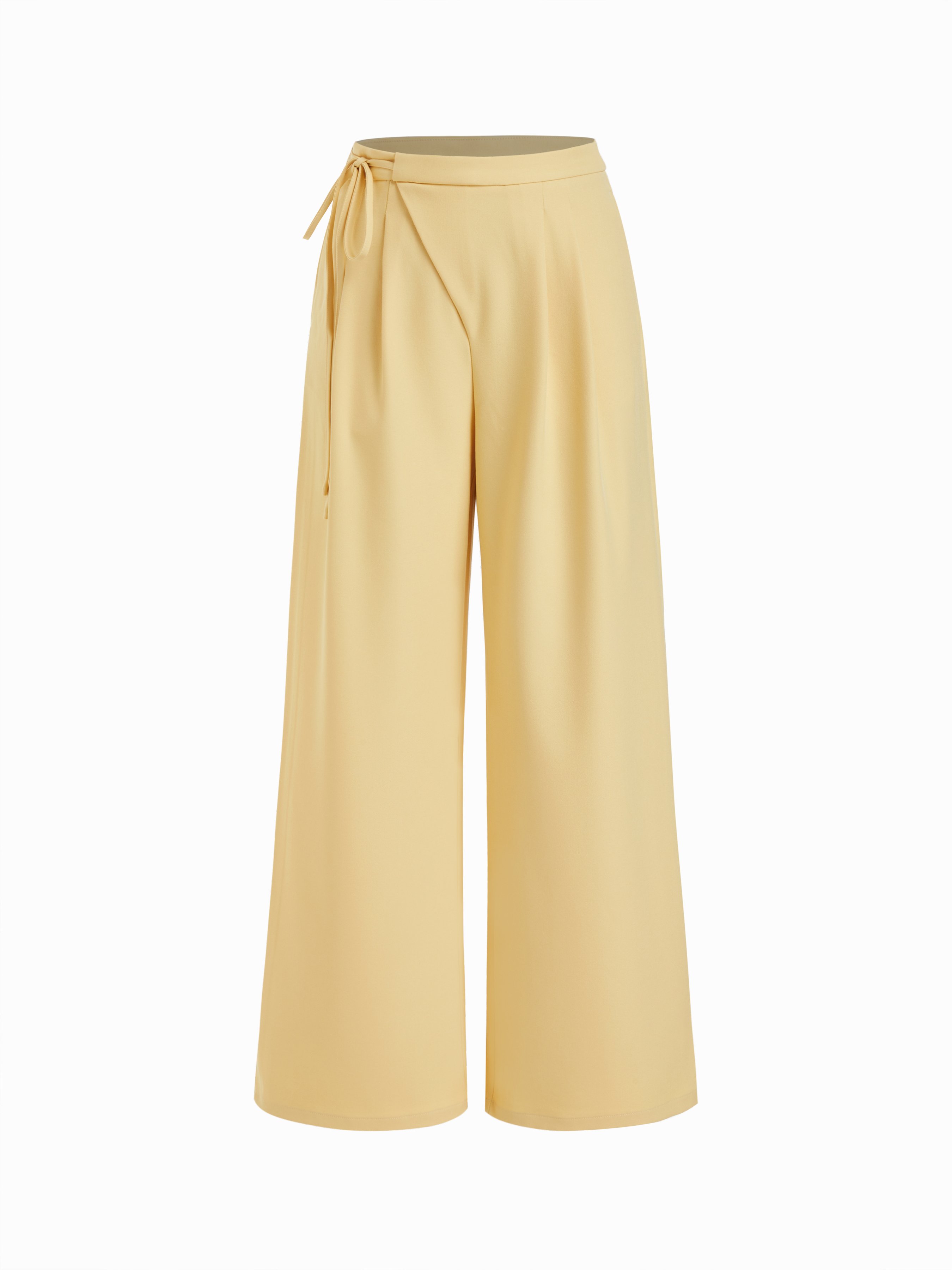 Mid Rise Tie Side Knotted Pleated Wide Leg Trousers - Light Yellow