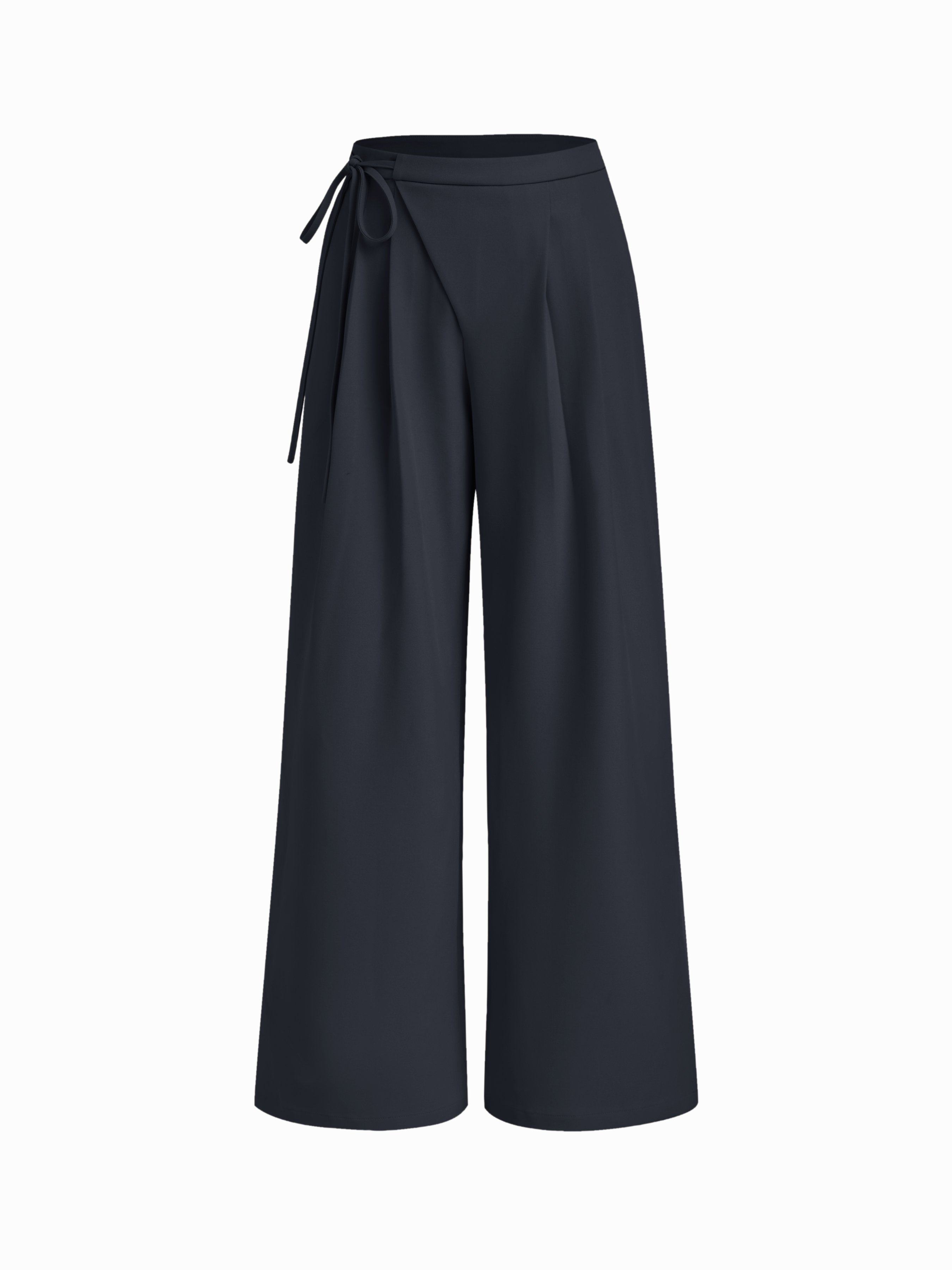 Mid Rise Tie Side Knotted Pleated Wide Leg Trousers - Dark Navy