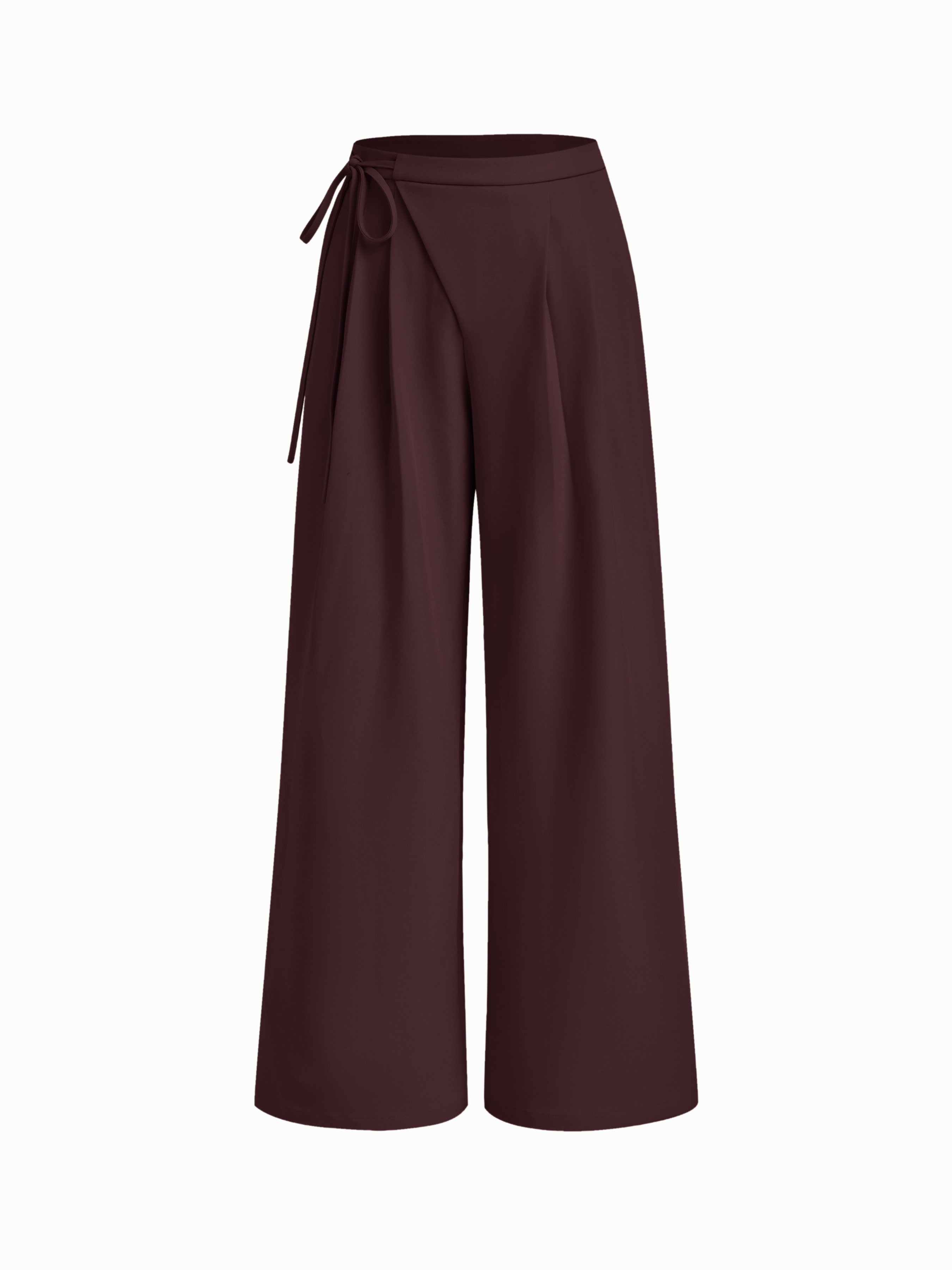 Mid Rise Tie Side Knotted Pleated Wide Leg Trousers - Burgundy