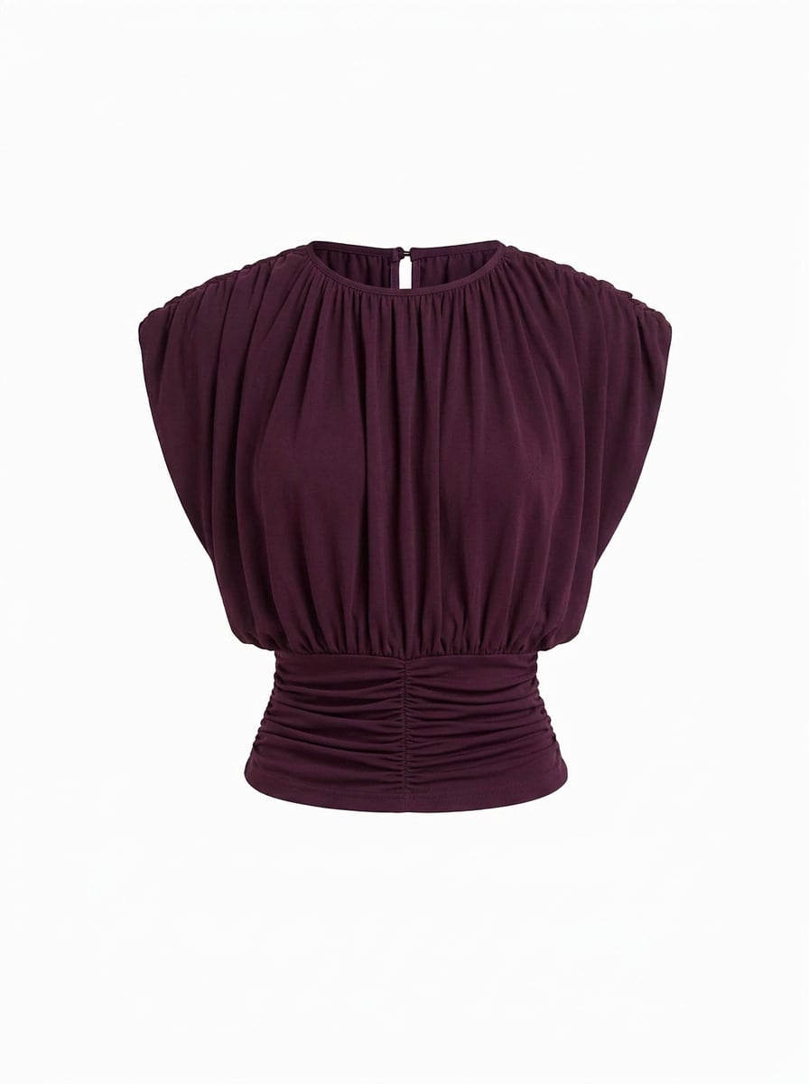 Draped Ruched Round Neckline Sleeveless Top - Purple Fig
