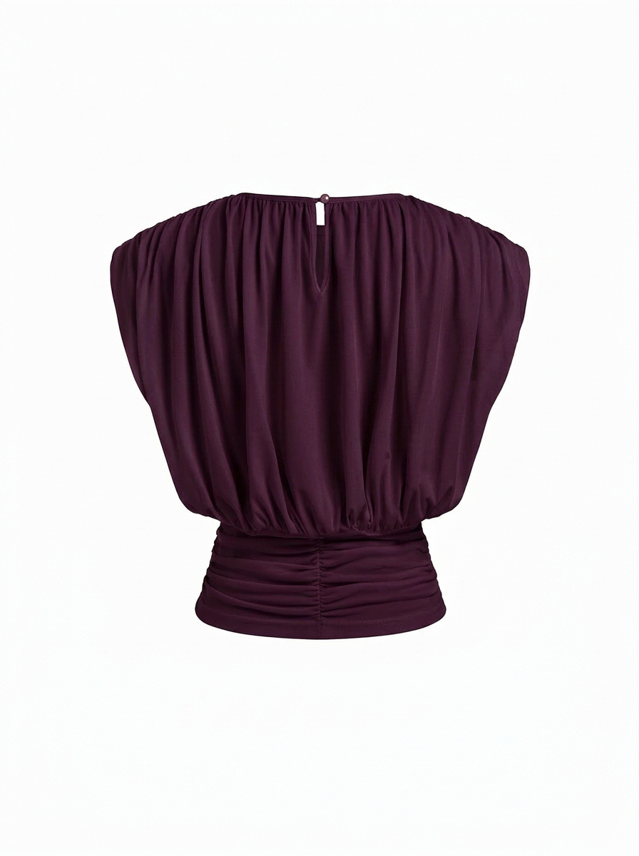 Draped Ruched Round Neckline Sleeveless Top - Purple Fig