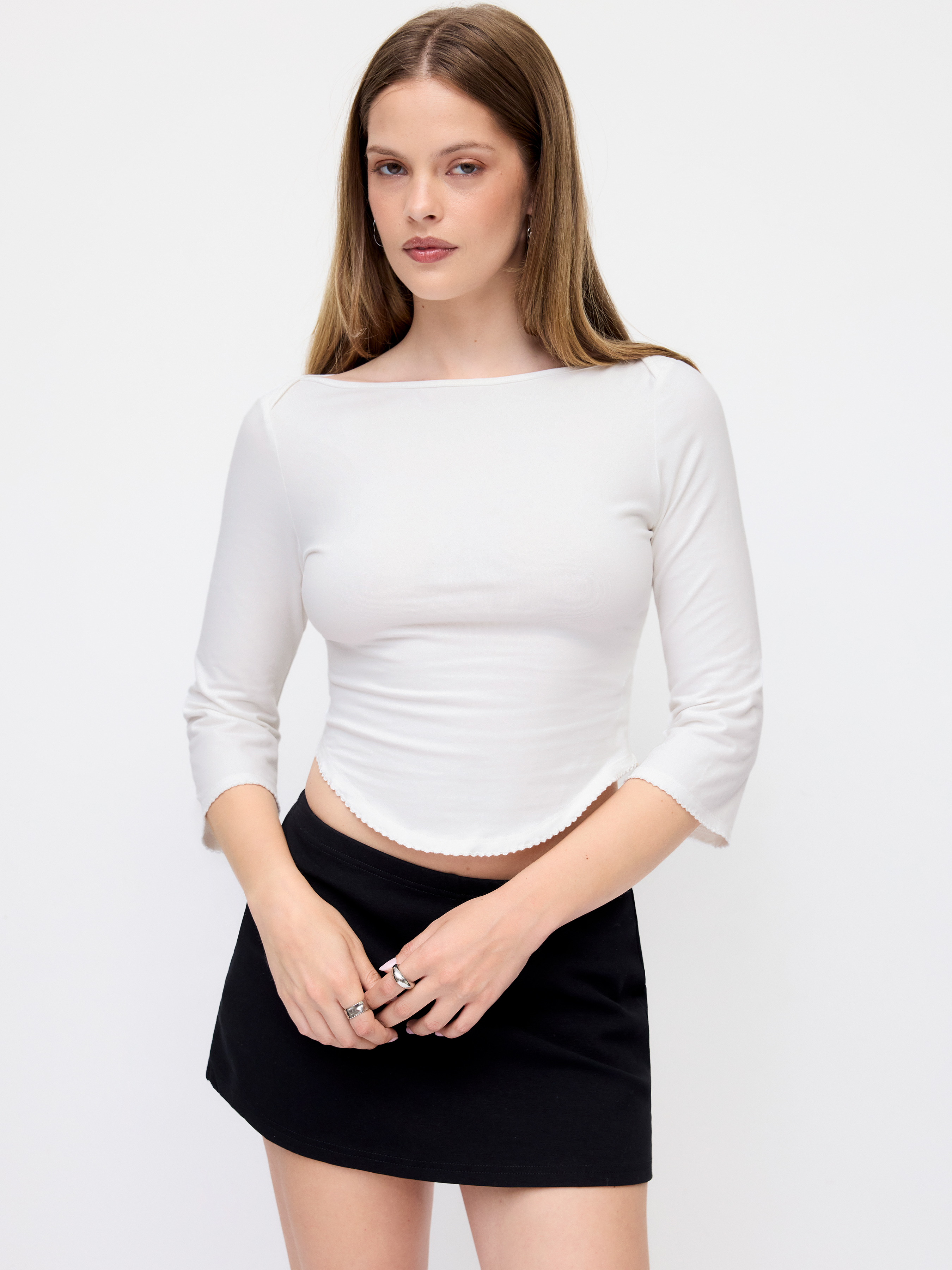 Knit Fabric Boat Neck Curved-Hem 3/4 Long Sleeve Tee - White