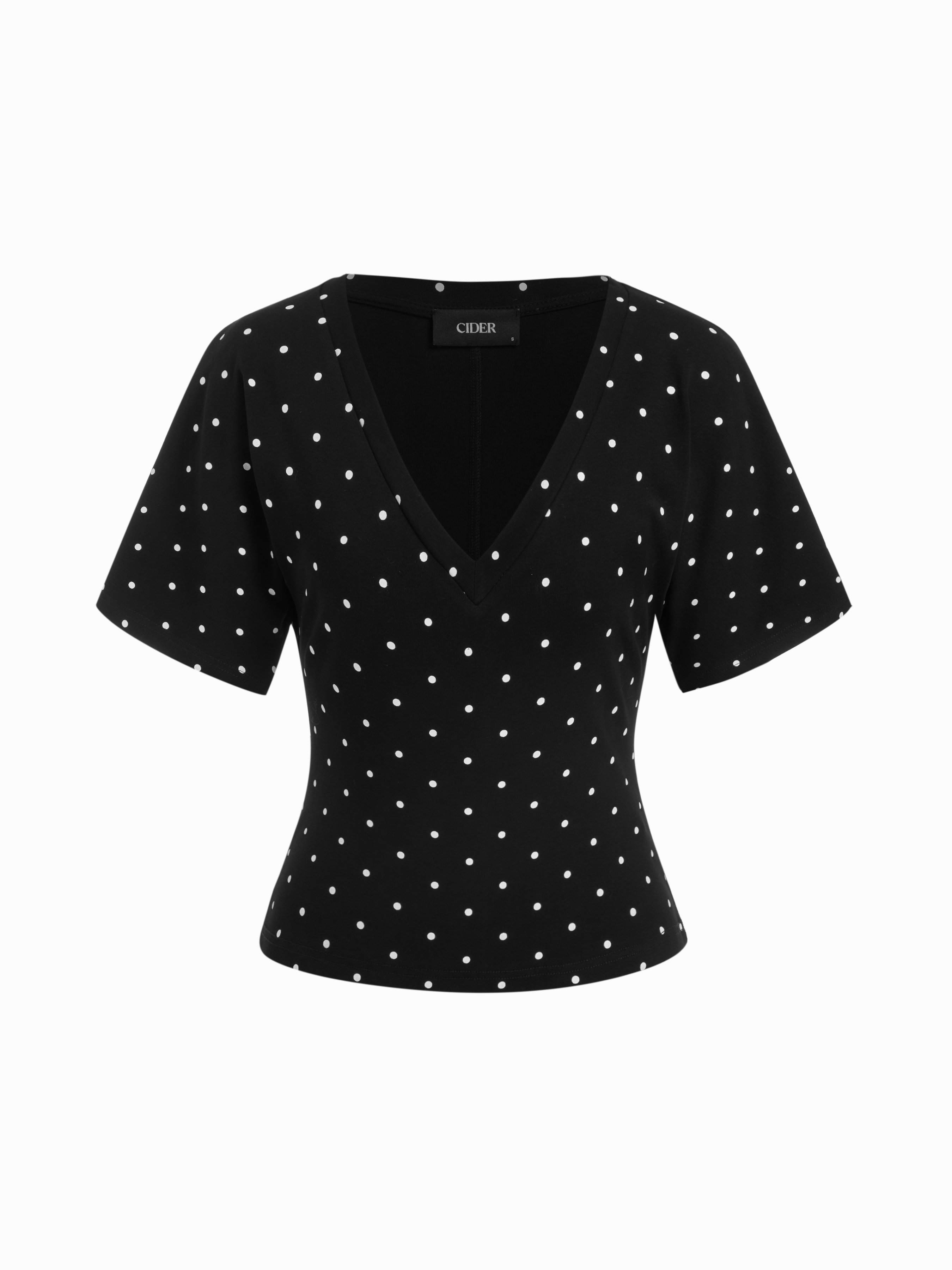 Cotton-blend High Stretch V-neck Short Sleeve Tee - Black Polka Dots