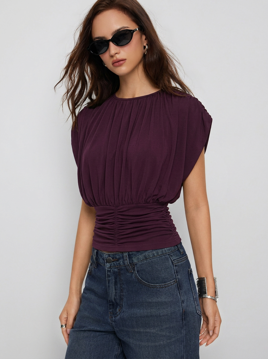Draped Ruched Round Neckline Sleeveless Top - Purple Fig