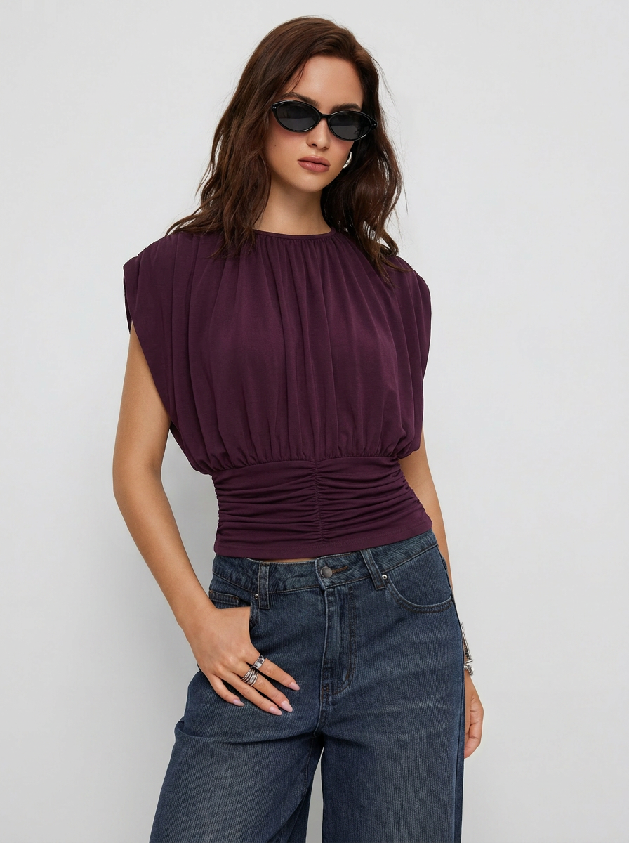 Draped Ruched Round Neckline Sleeveless Top - Purple Fig