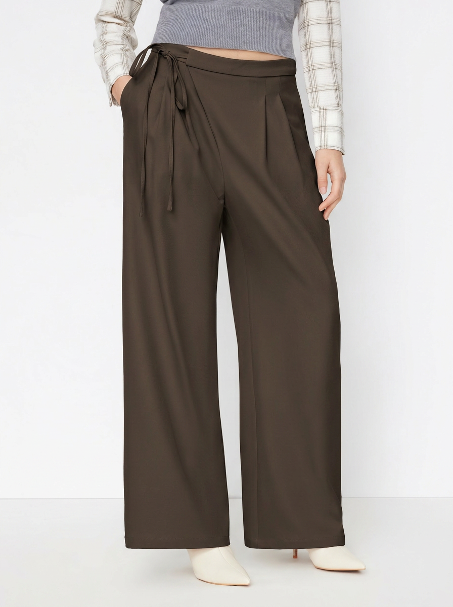 Mid Rise Tie Side Knotted Pleated Wide Leg Trousers - Coffee