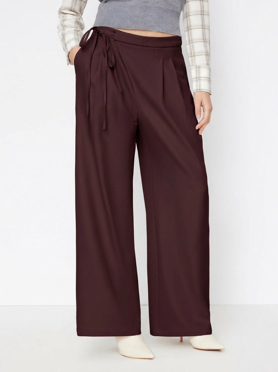 Mid Rise Tie Side Knotted Pleated Wide Leg Trousers - Burgundy