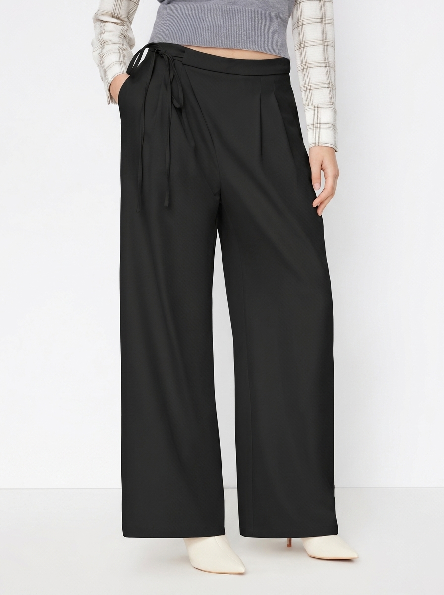Mid Rise Tie Side Knotted Pleated Wide Leg Trousers - Black