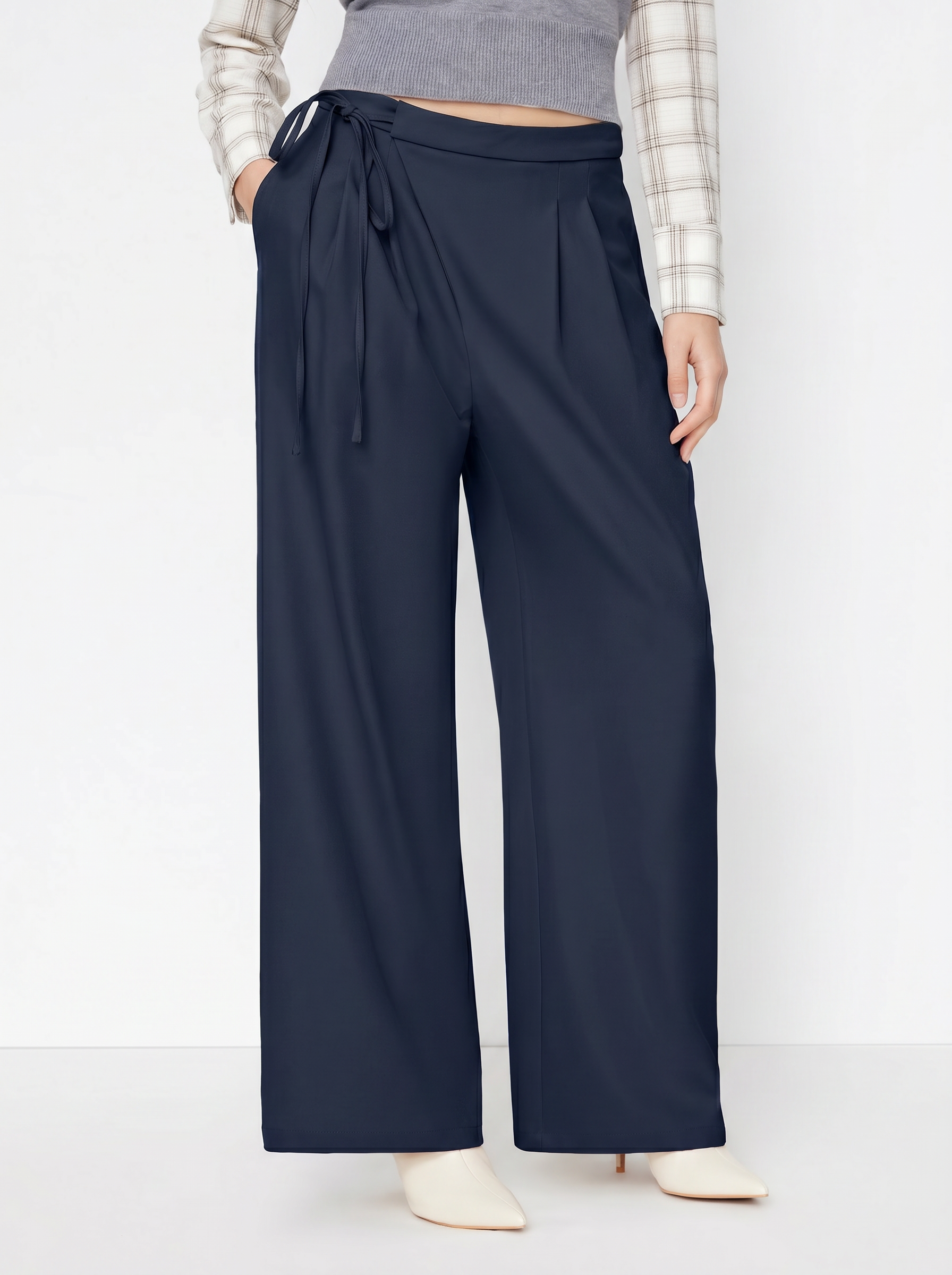 Mid Rise Tie Side Knotted Pleated Wide Leg Trousers - Dark Navy