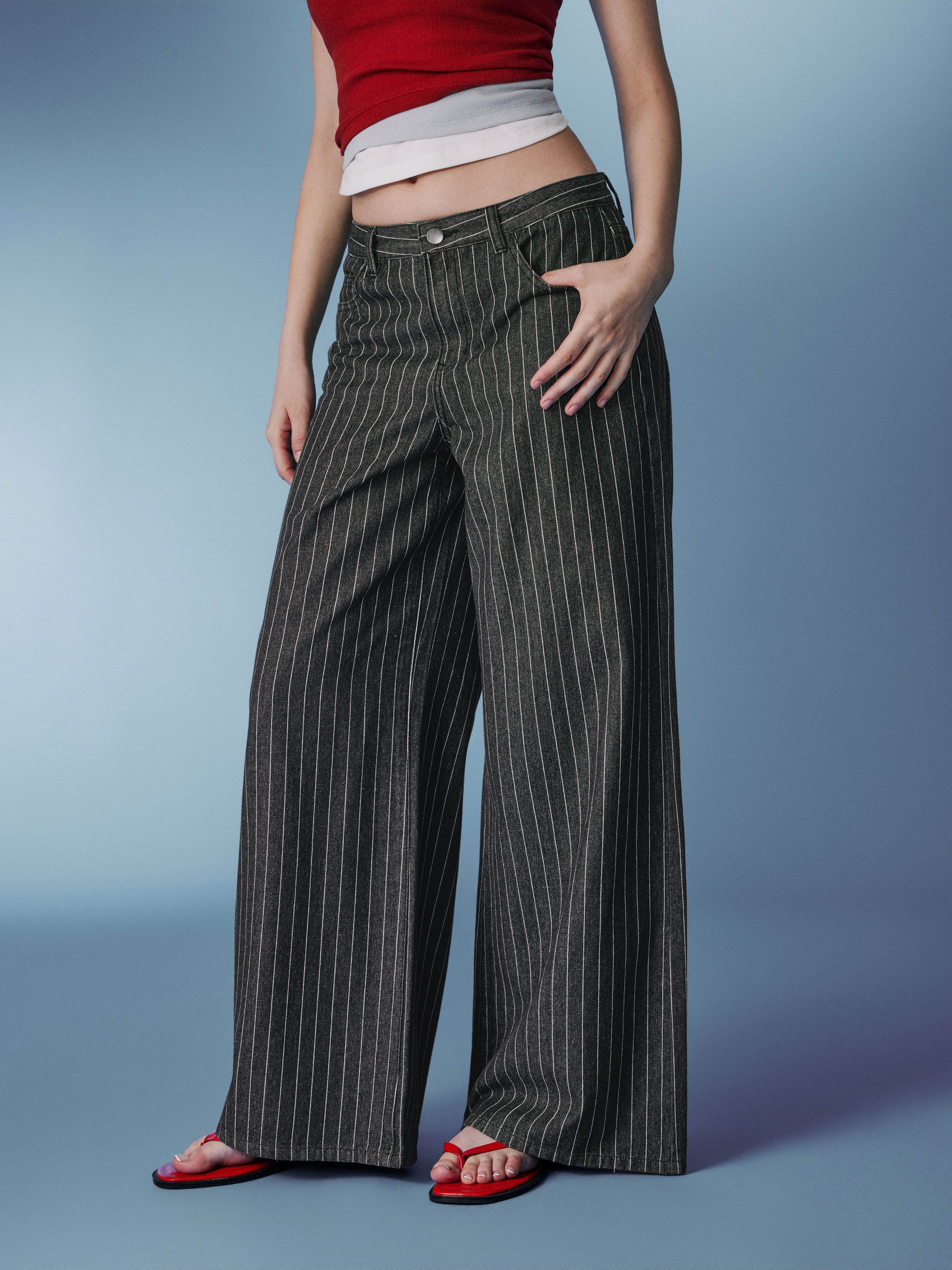 Denim Low-Rise Baggy Trousers - Black Stripe