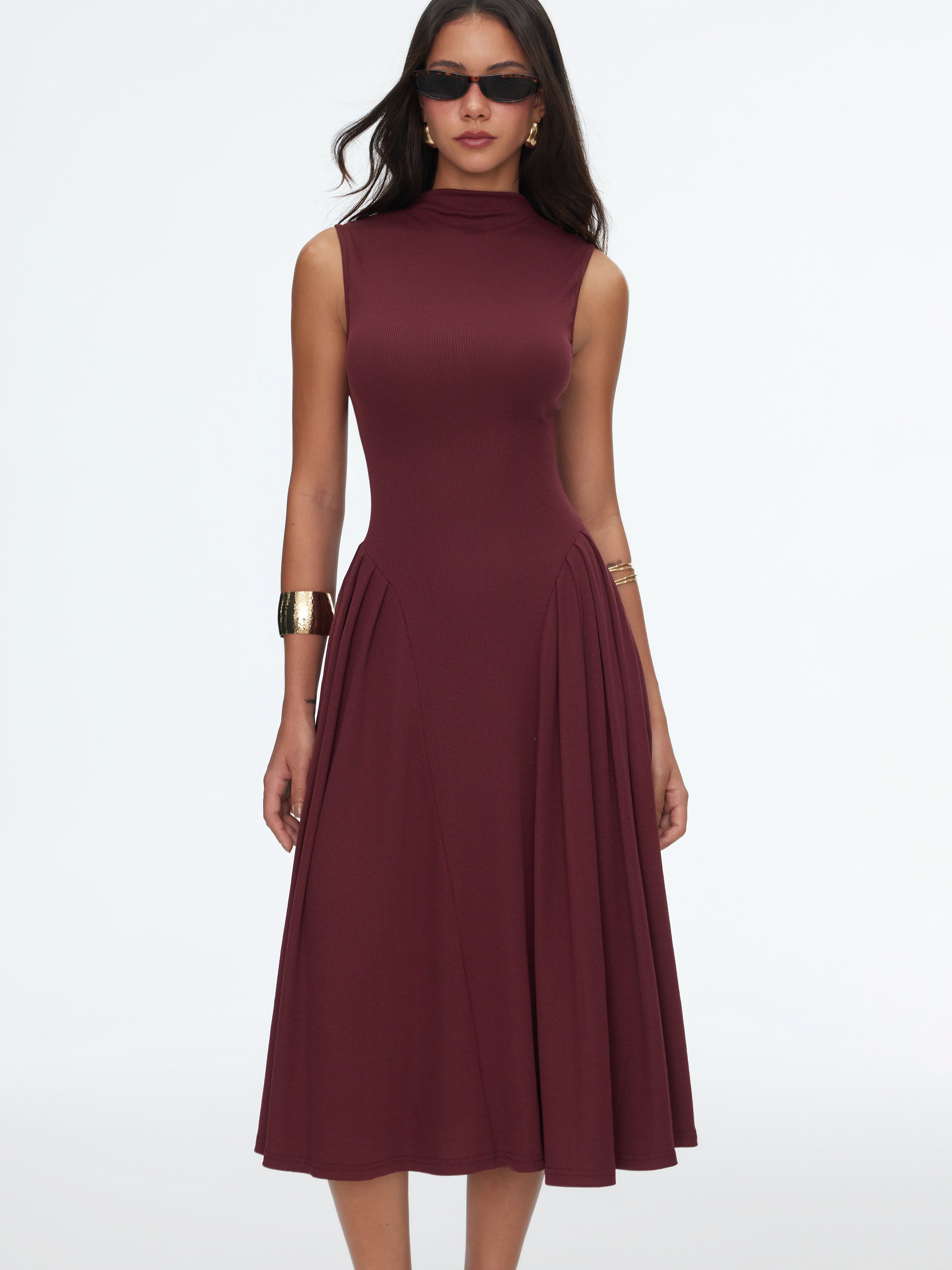 High Neck Solid Pocket Ruffle Midi Dress - Burgundy