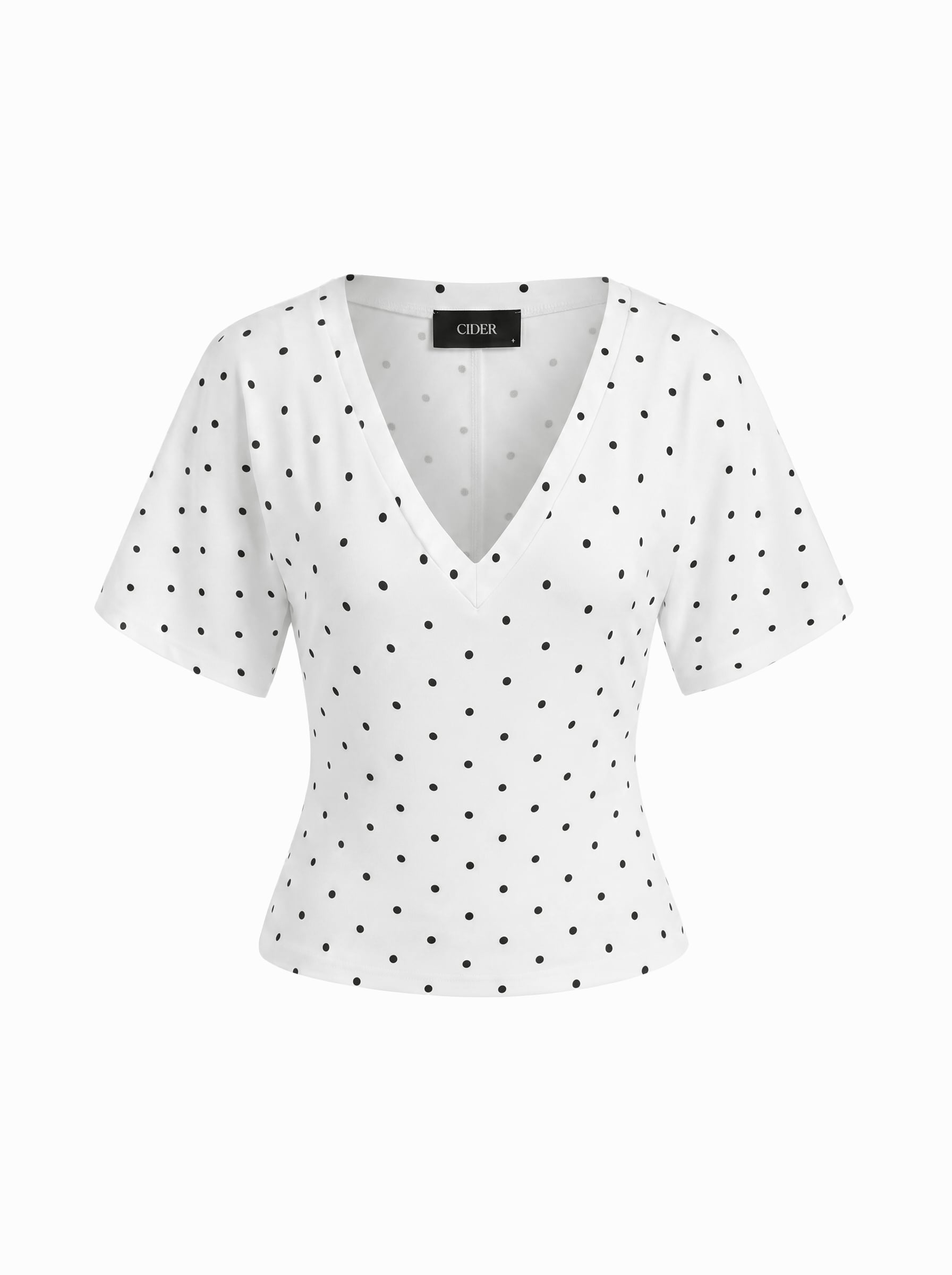 Cotton-blend High Stretch V-neck Short Sleeve Tee - White Polka Dots