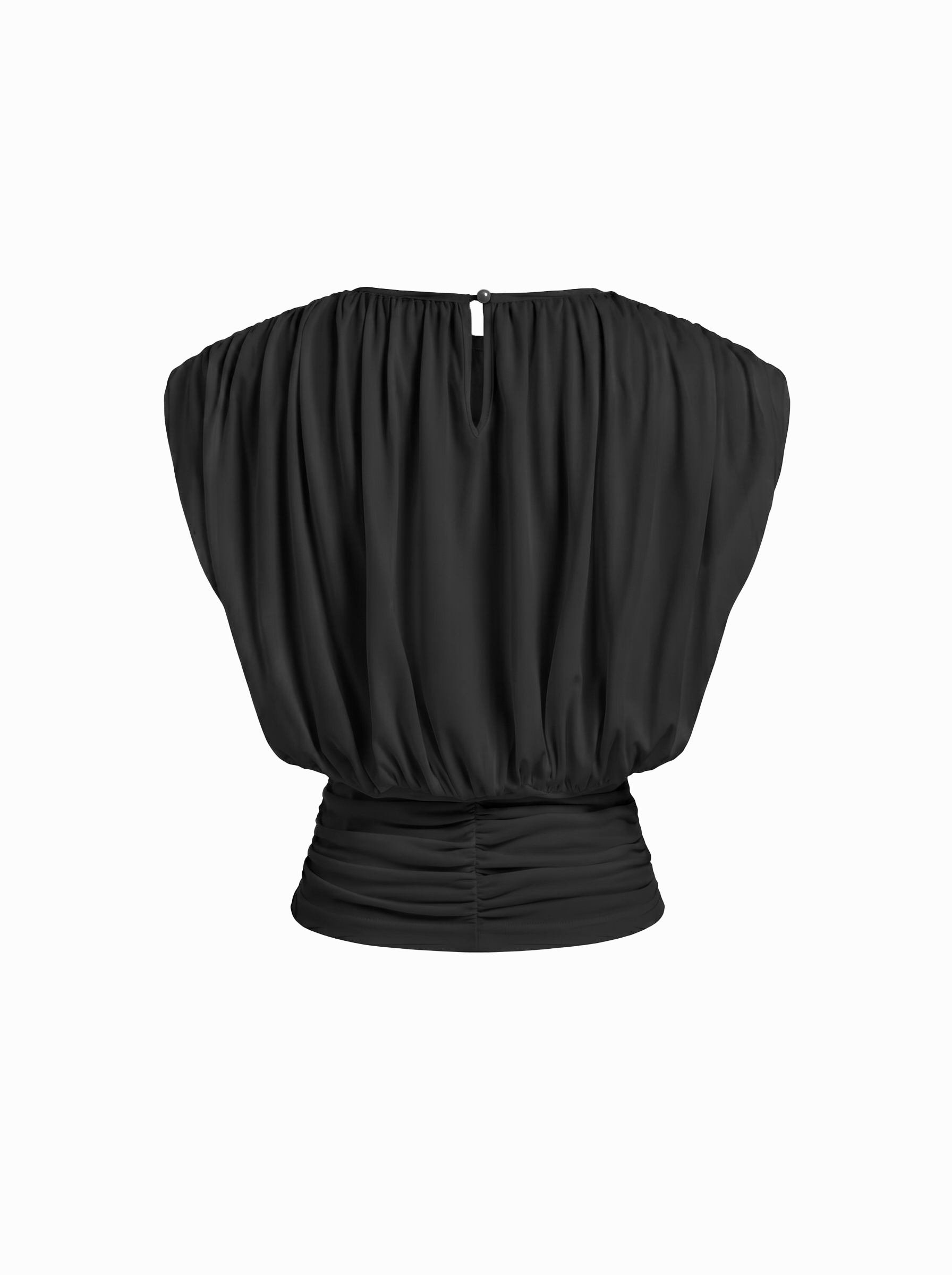 Draped Ruched Round Neckline Sleeveless Top - Black
