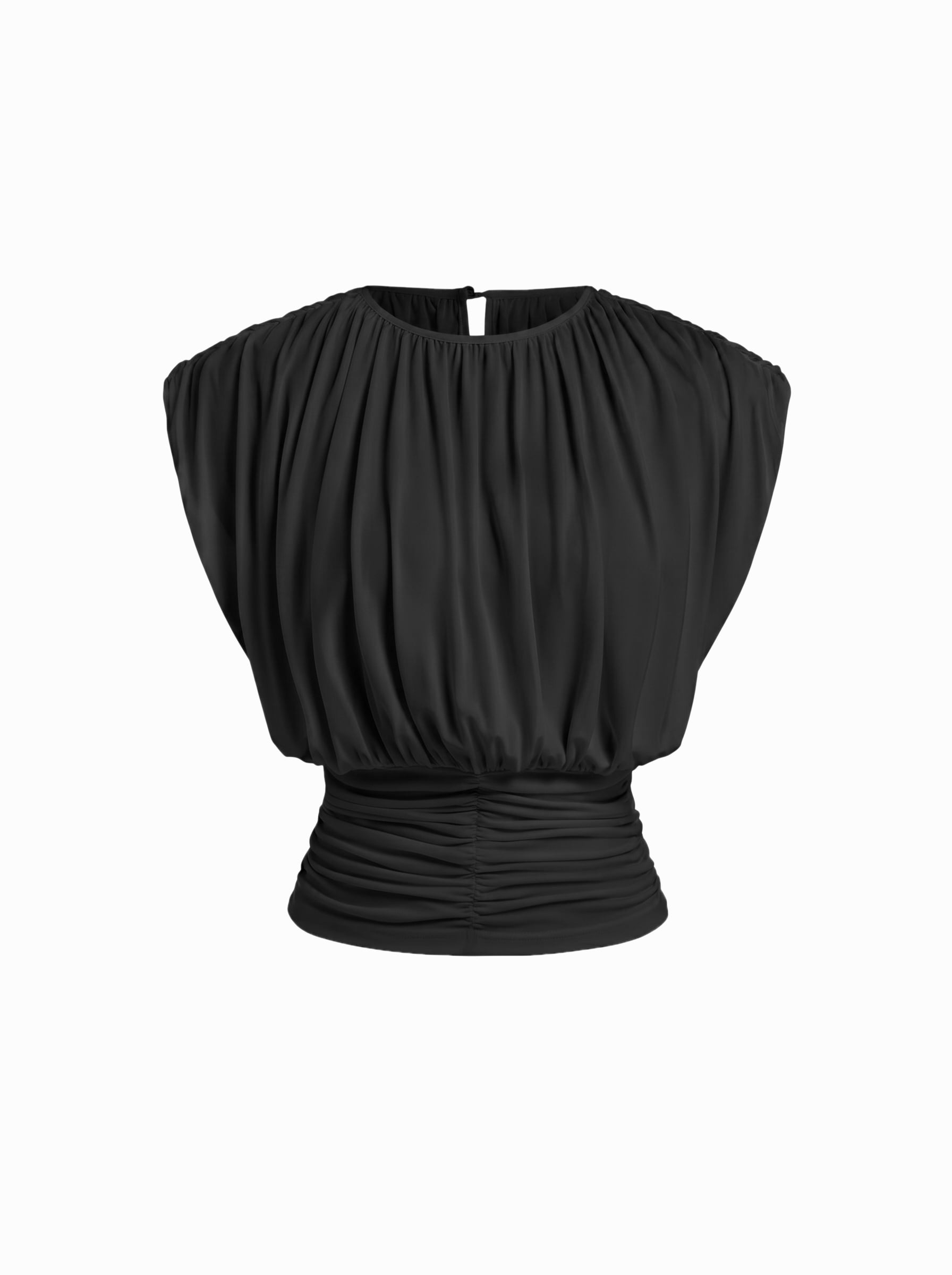 Draped Ruched Round Neckline Sleeveless Top - Black