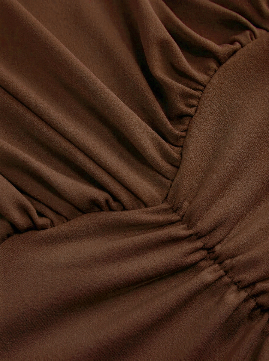 Draped Ruched Round Neckline Sleeveless Top - Brown